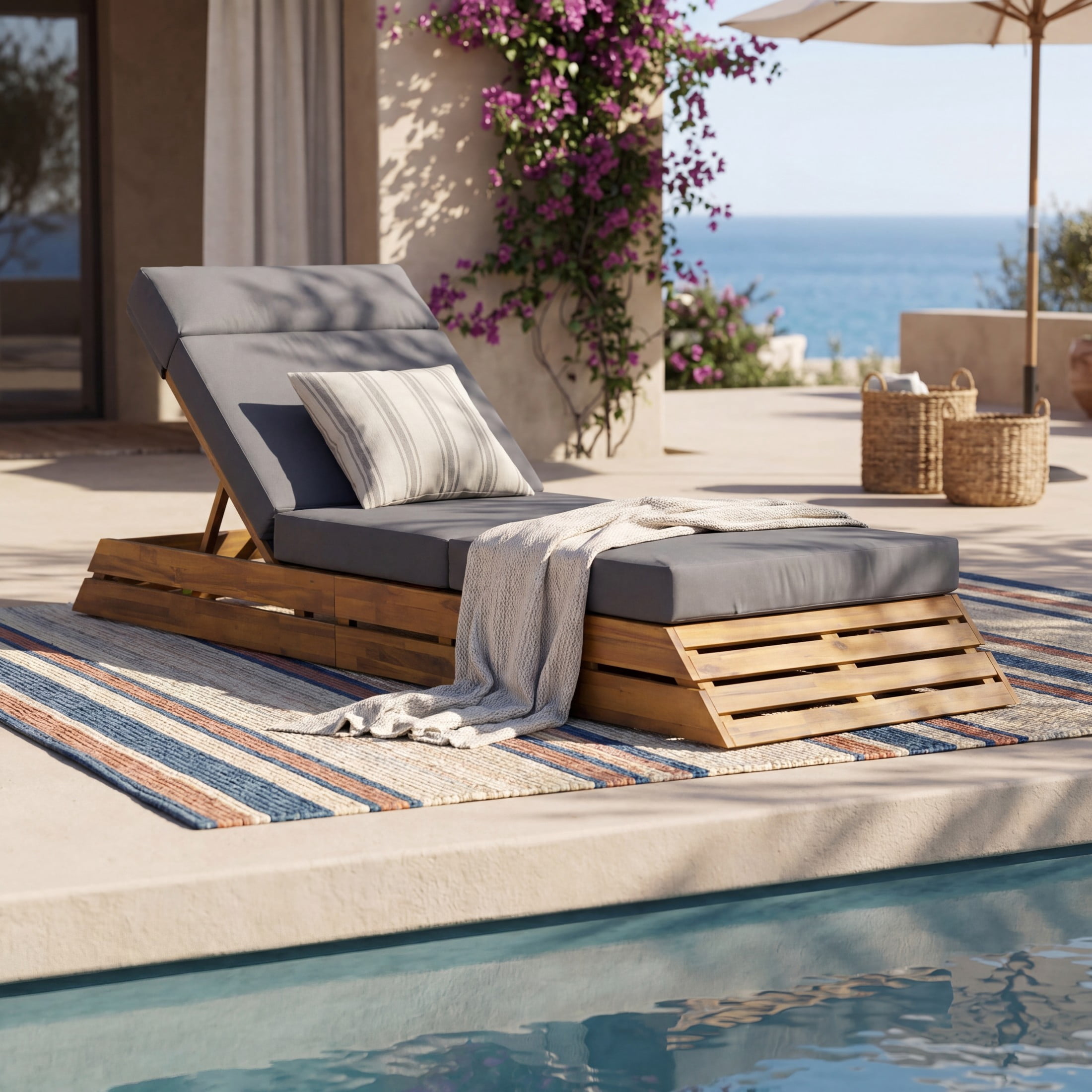 Christopher Knight Home 88.39" Outdoor Chaise Lounge Set with 4-Fold Water-Resistant Cushion, Teak + Dark Gray