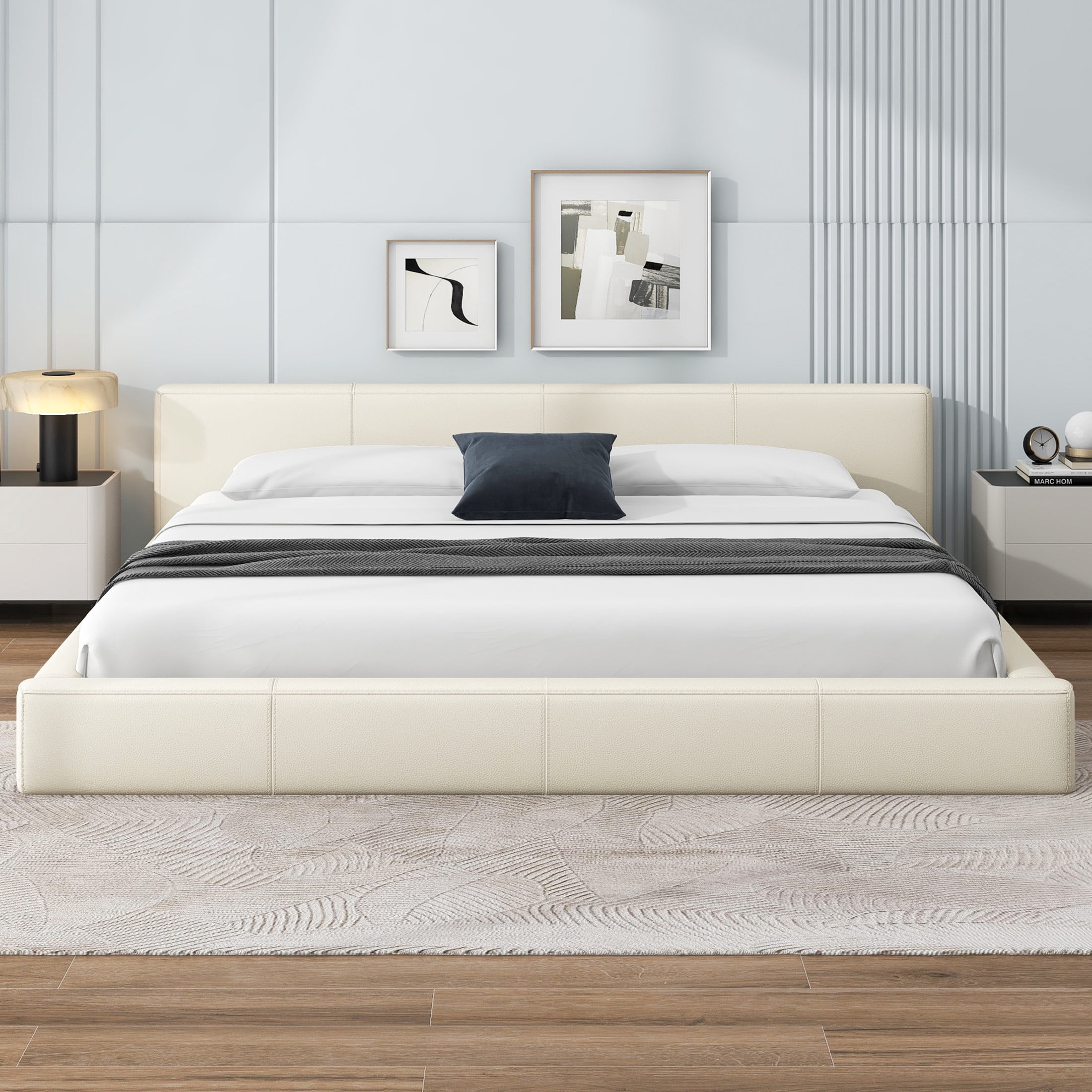 Christopher Knight Home  88" King Size Platform Bed Frame, Modern Faux Leather Upholstery, Beige