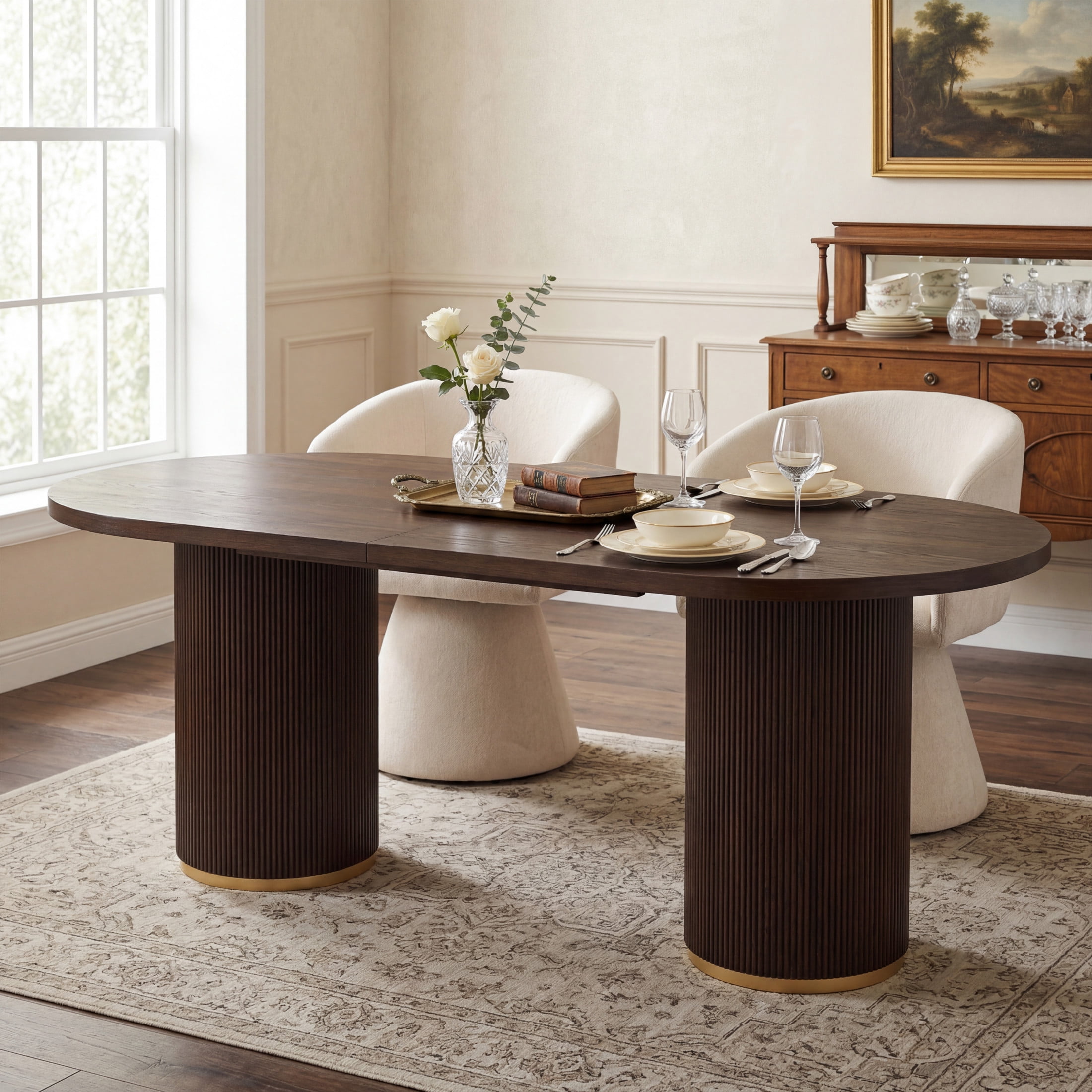 Christopher Knight Home 88" Modern Oval Dining Table with Fluted Double Cylinder Base, Espresso