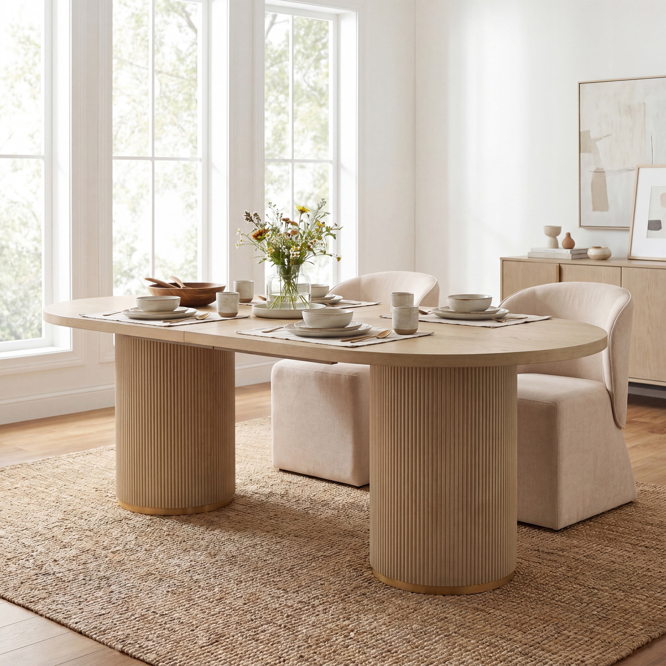 Christopher Knight Home 88" Modern Oval Dining Table with Fluted Double Cylinder Base, Light Ash