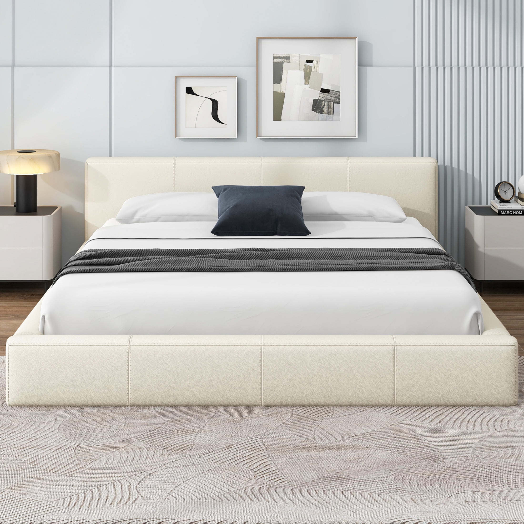 Christopher Knight Home 88" Queen Size Platform Bed Frame, Modern Faux Leather Upholstery, Beige