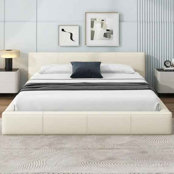 Christopher Knight Home 88" Queen Size Platform Bed Frame, Modern Faux Leather Upholstery, Beige