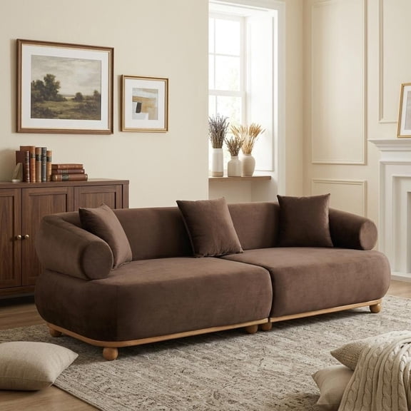 Christopher Knight Home 89.3" Modern Velvet Sofa with Throw Pillows, 3 Seats, Solid Wood Base, Brown