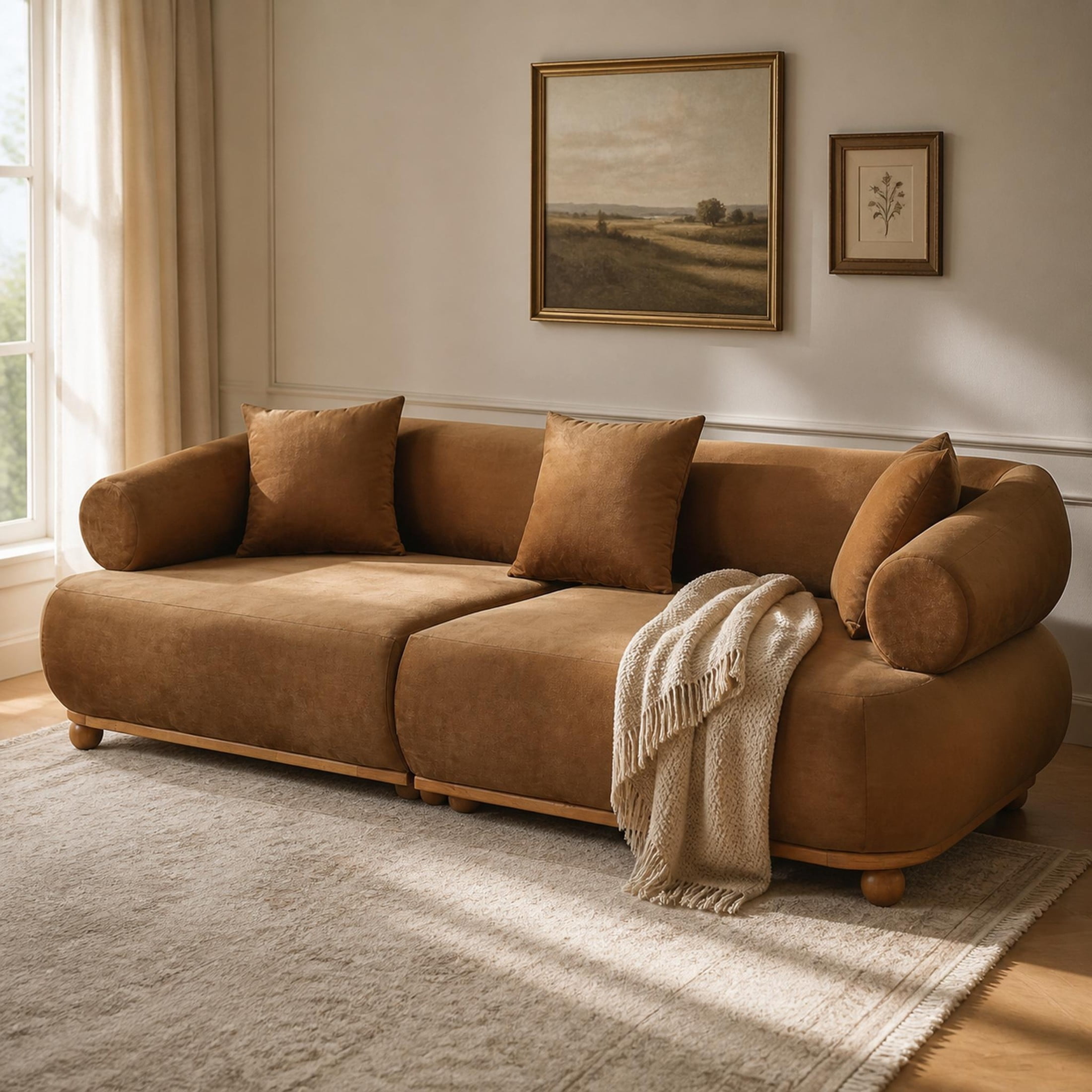 Christopher Knight Home 89.3" Modern Velvet Sofa with Throw Pillows, 3 Seats, Solid Wood Base, Khaki