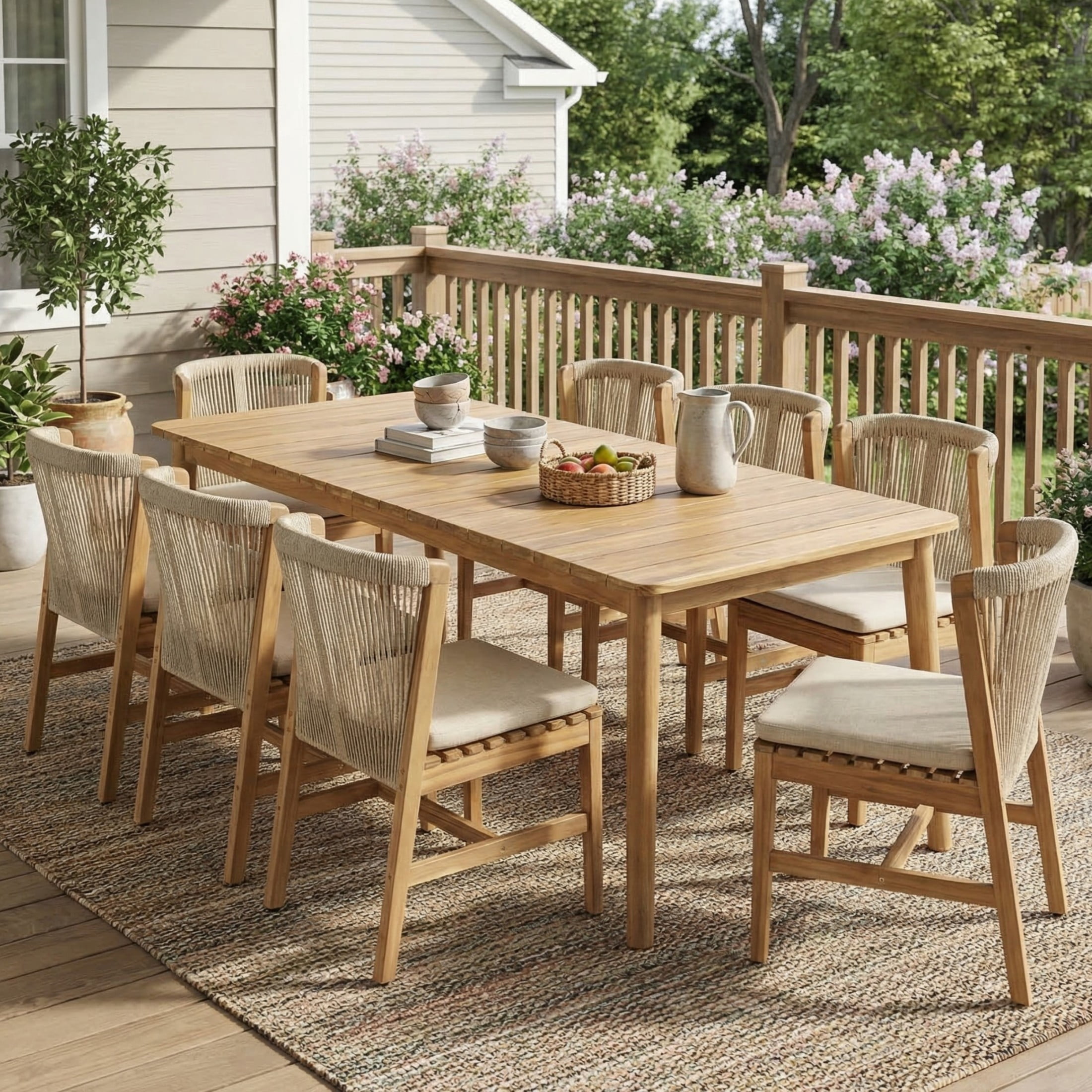 Christopher Knight Home 9-Piece Bohemian Outdoor Dining Set with Rope Back and Cushions, Teak+Beige