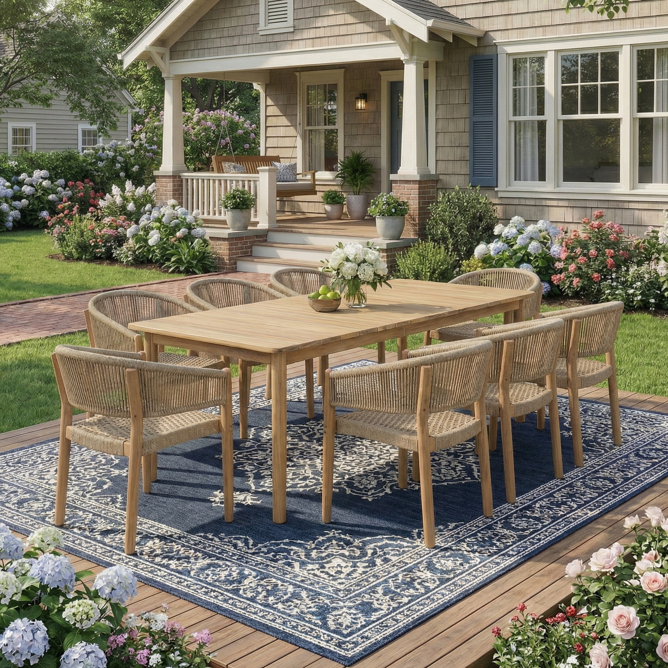 Christopher Knight Home 9-Piece Boho Outdoor Wood Dining Set, 79" Table with Light Brown Rope Chairs