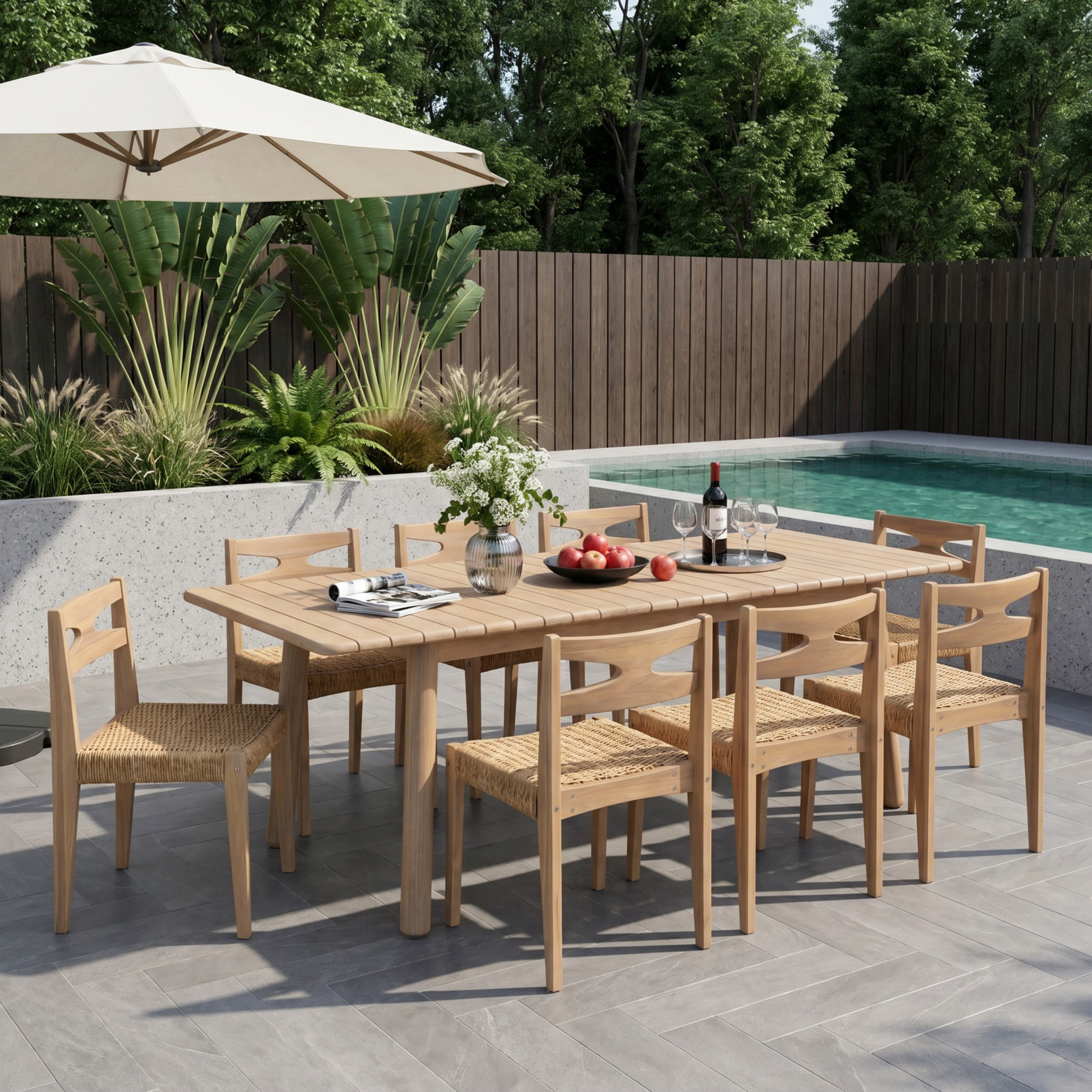 Christopher Knight Home 9-Piece Coastal Extendable Acacia Wood Outdoor Dining Set, Light Teak
