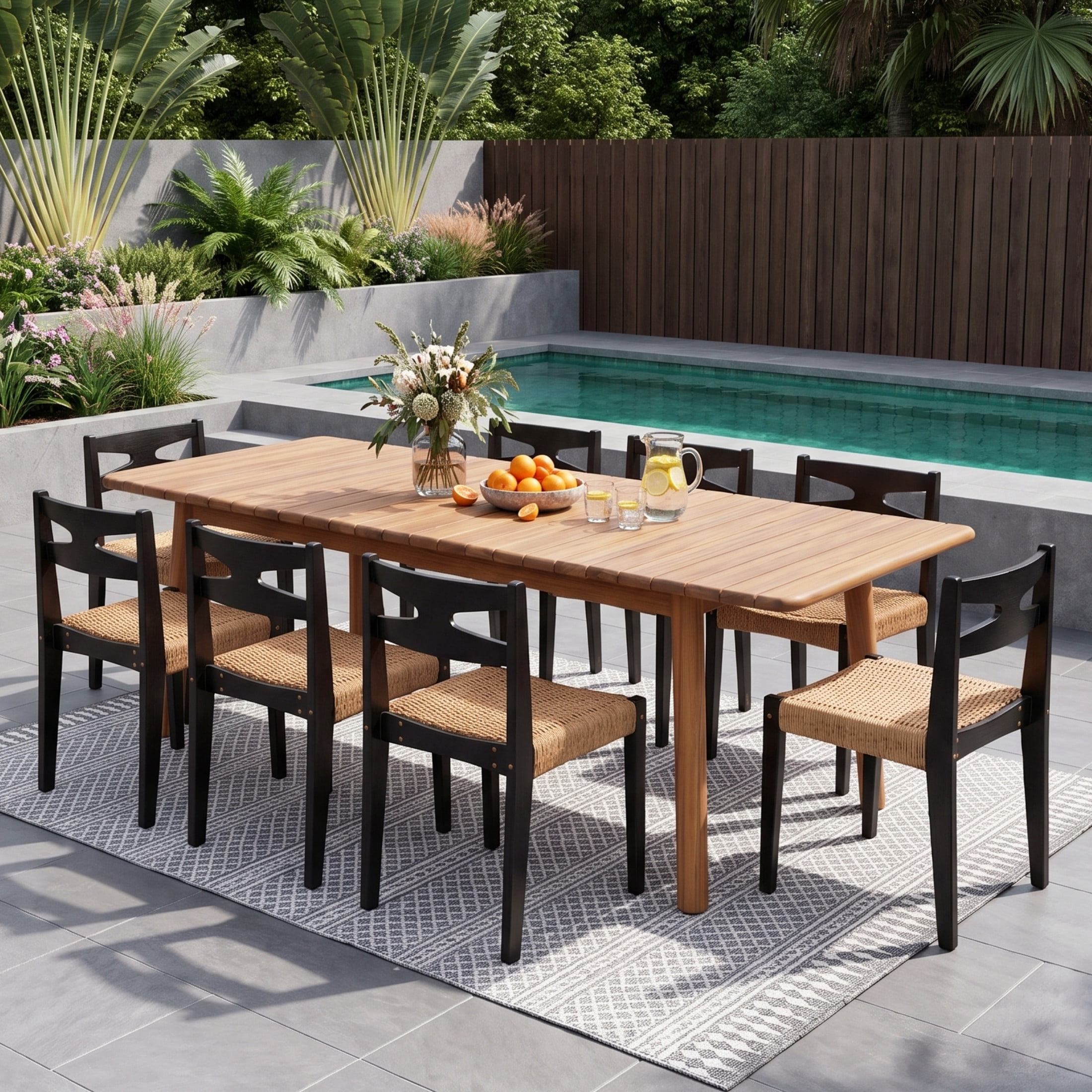 Christopher Knight Home 9-Piece Coastal Extendable Acacia Wood Outdoor Dining Set, Teak+Black