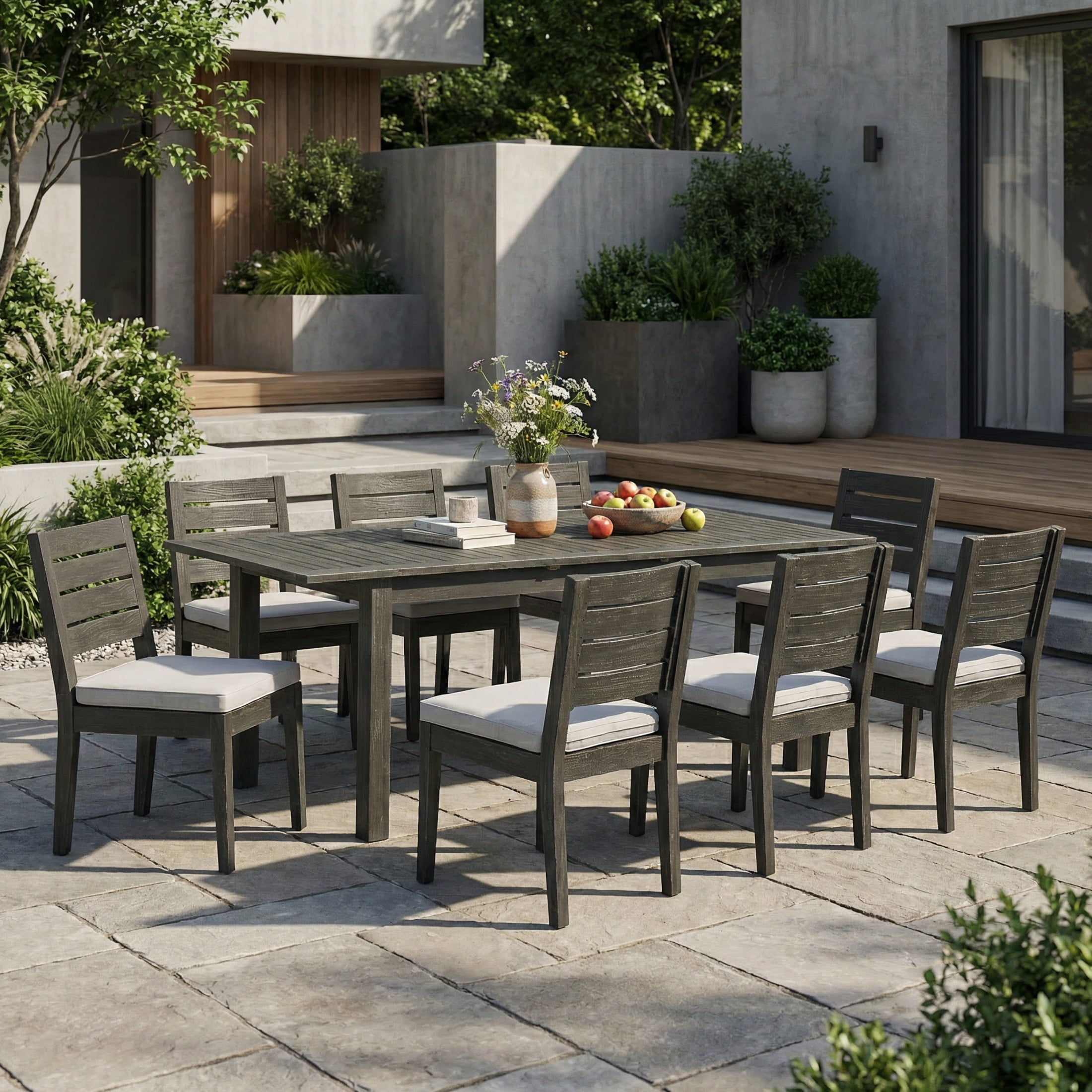Christopher Knight Home 9-Piece Expandable Acacia Wood Outdoor Dining Set with Cushions, Dark Gray