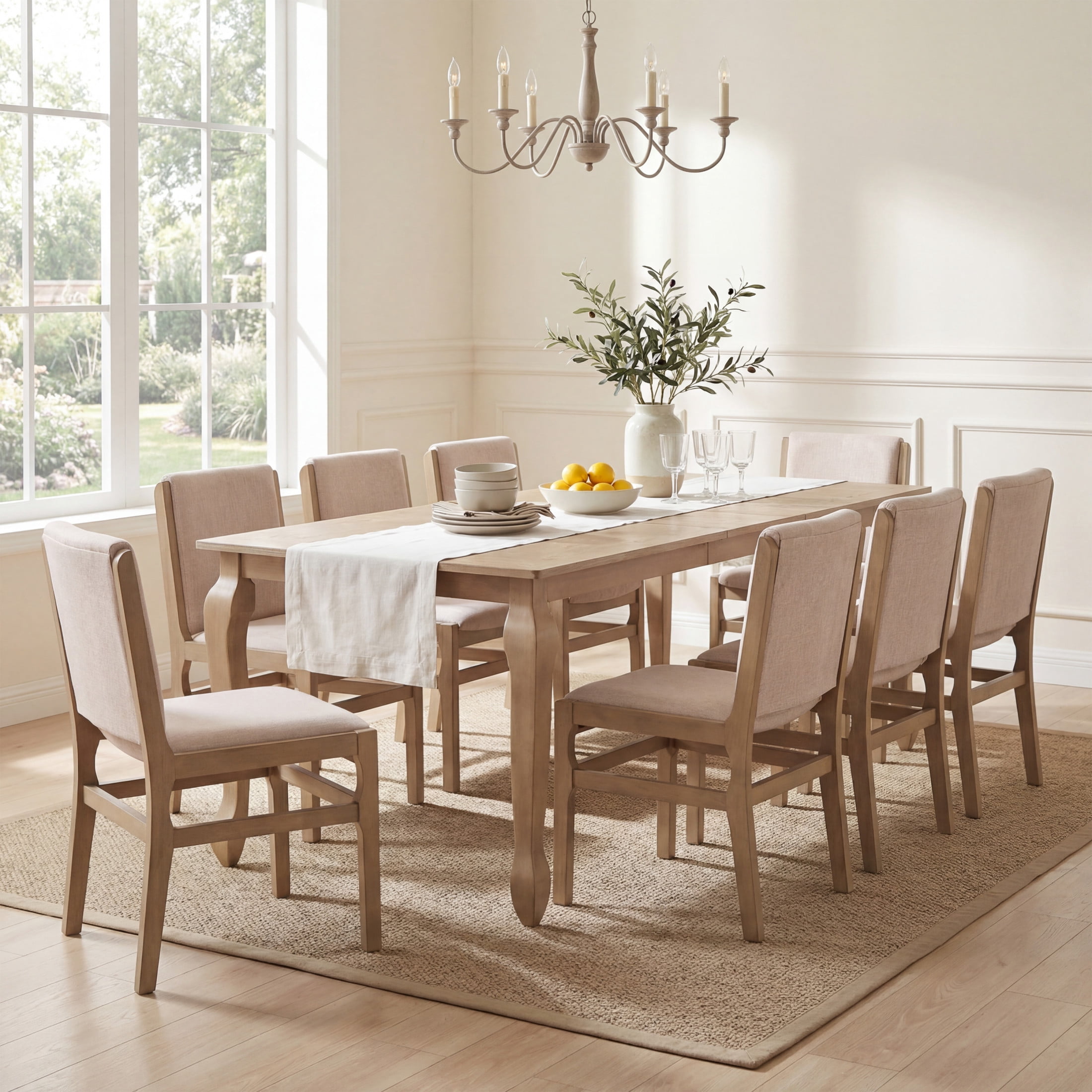 Christopher Knight Home 9-Piece French Country Extendable Dining Table with Upholstered Chairs, Light Natural
