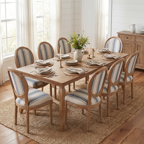 Christopher Knight Home 9-Piece French Country Extendable Dining Table with Upholstered Chairs, Natural+Blue Line