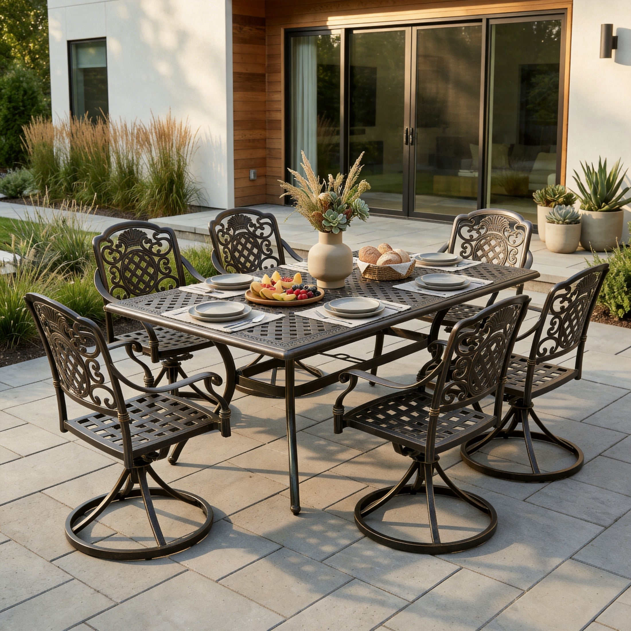 Christopher Knight Home 9-Piece French Outdoor Dining Set, 67.7" Aluminum Table with Swivel Chairs, Bronze