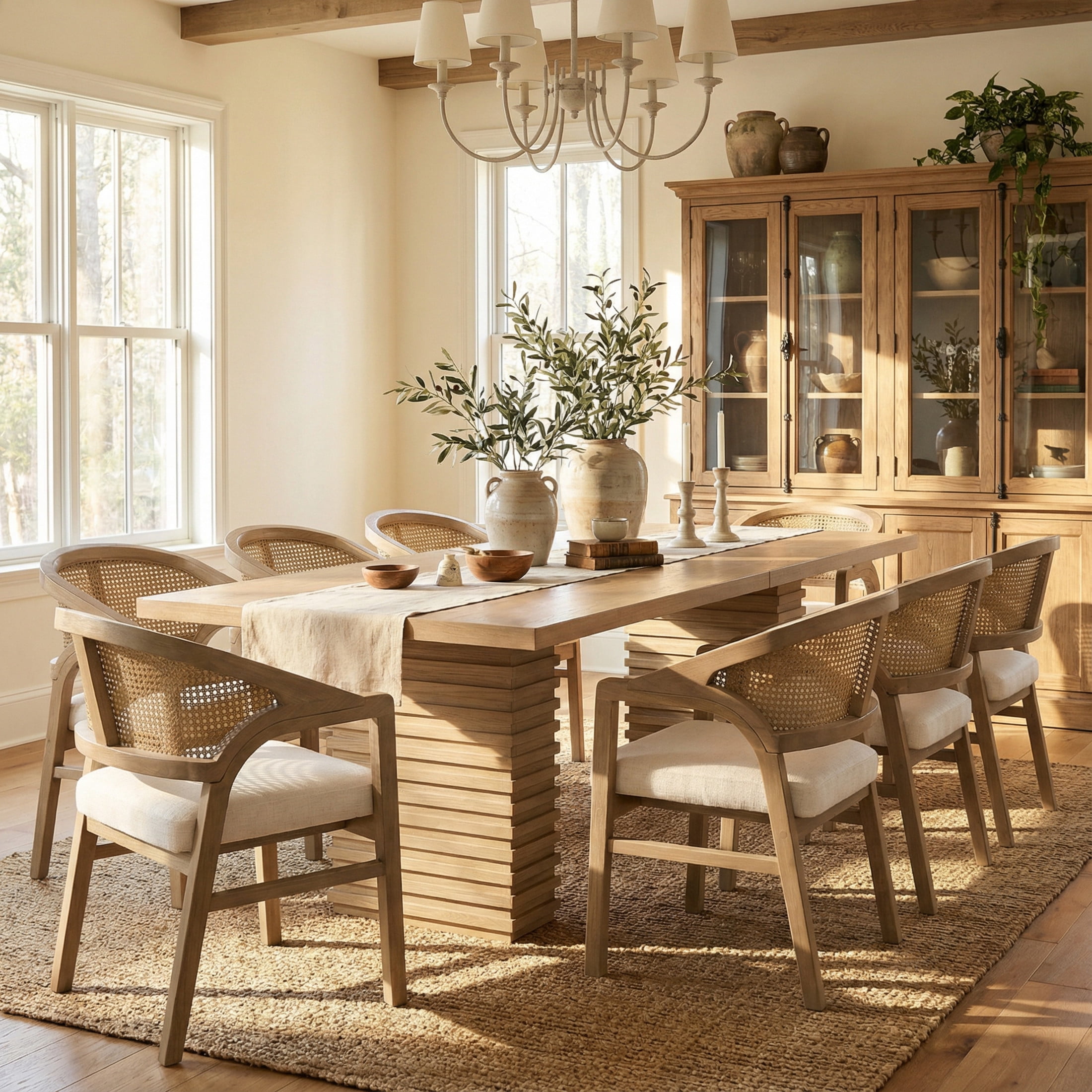 Christopher Knight Home 9-Piece Mid Century Dining Set, 95" Wood Table with Rattan Back Chairs, Seats 8, Light Ash