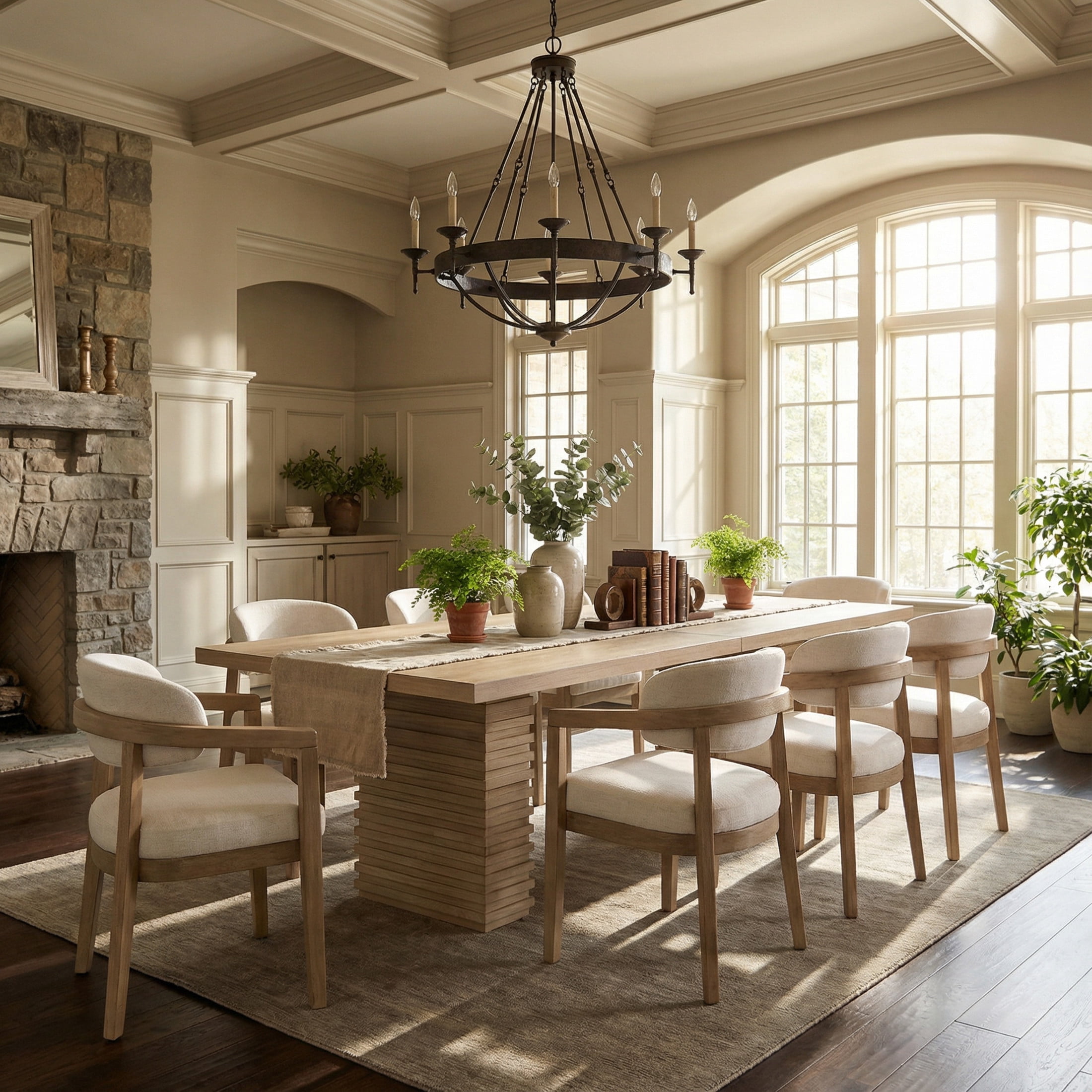 Christopher Knight Home 9-Piece Mid Century Dining Set, 95" Wood Table with Upholstered Arm Chairs, Seats 8, Light Ash