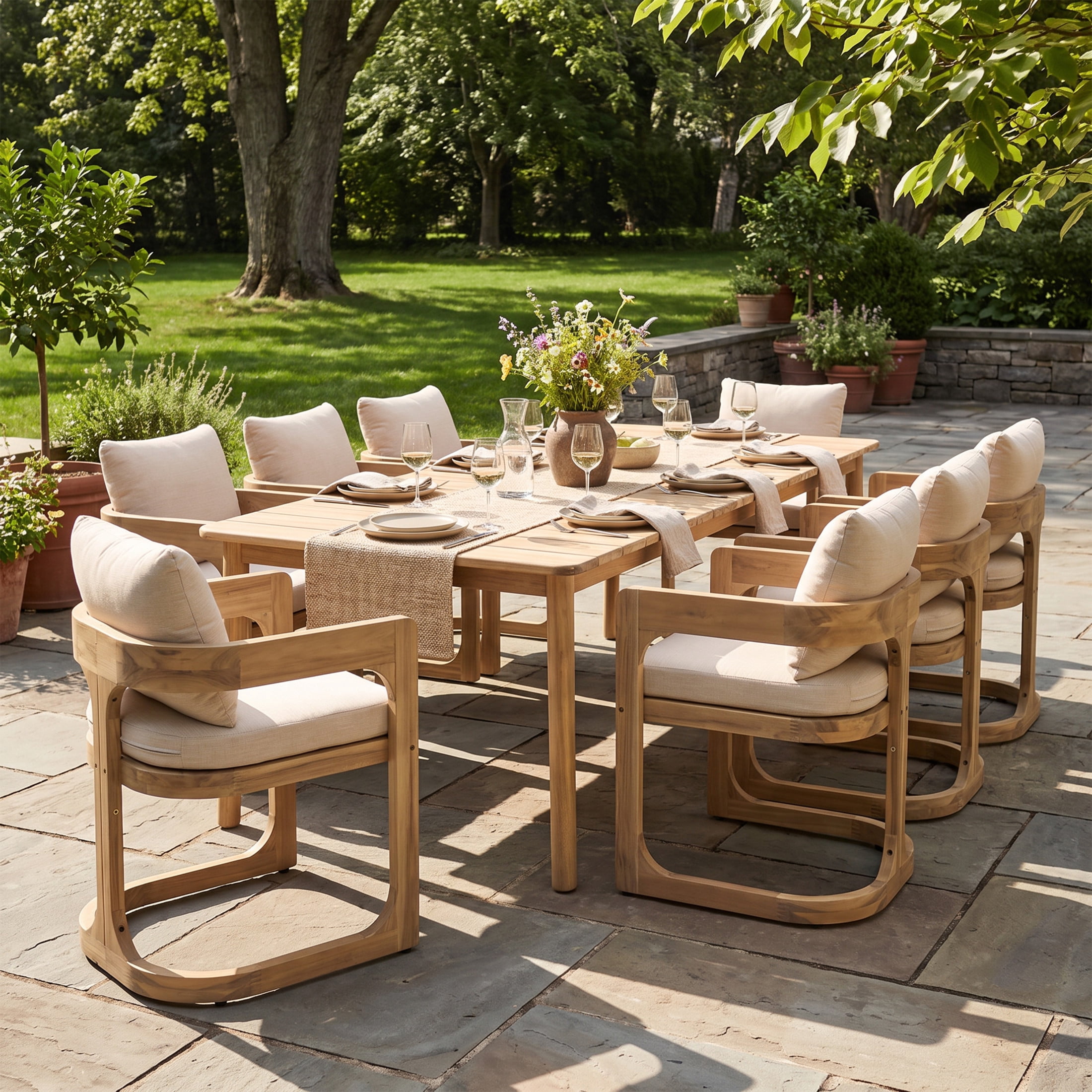 Christopher Knight Home 9-Piece Mid-Century Wood Outdoor Dining Set, 8 Seats with Table, Oiled Teak+Beige