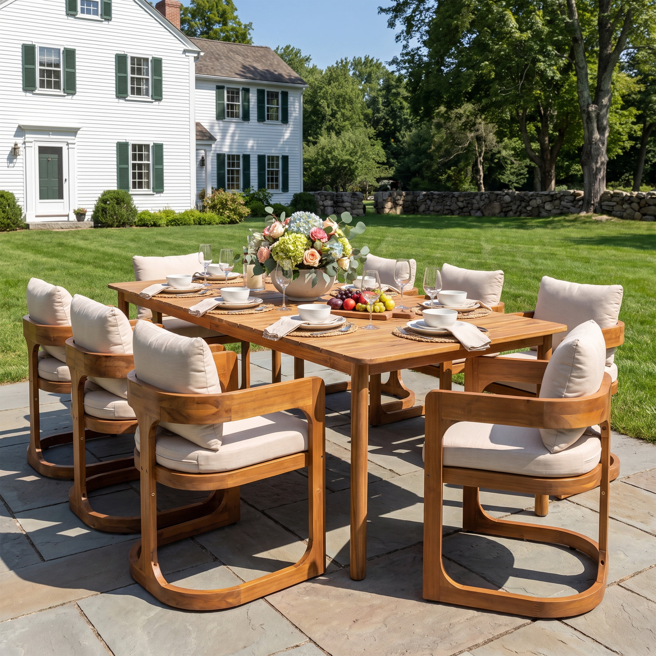Christopher Knight Home 9-Piece Mid-Century Wood Outdoor Dining Set, 8 Seats with Table, Teak+Beige