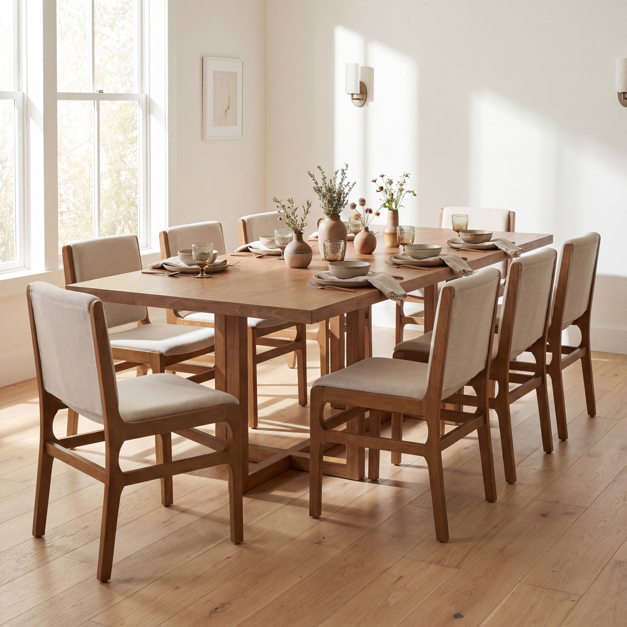 Christopher Knight Home 9-Piece Modern Dining Set, 95" Table with Armless Chairs, Natural+Walnut+Wheat