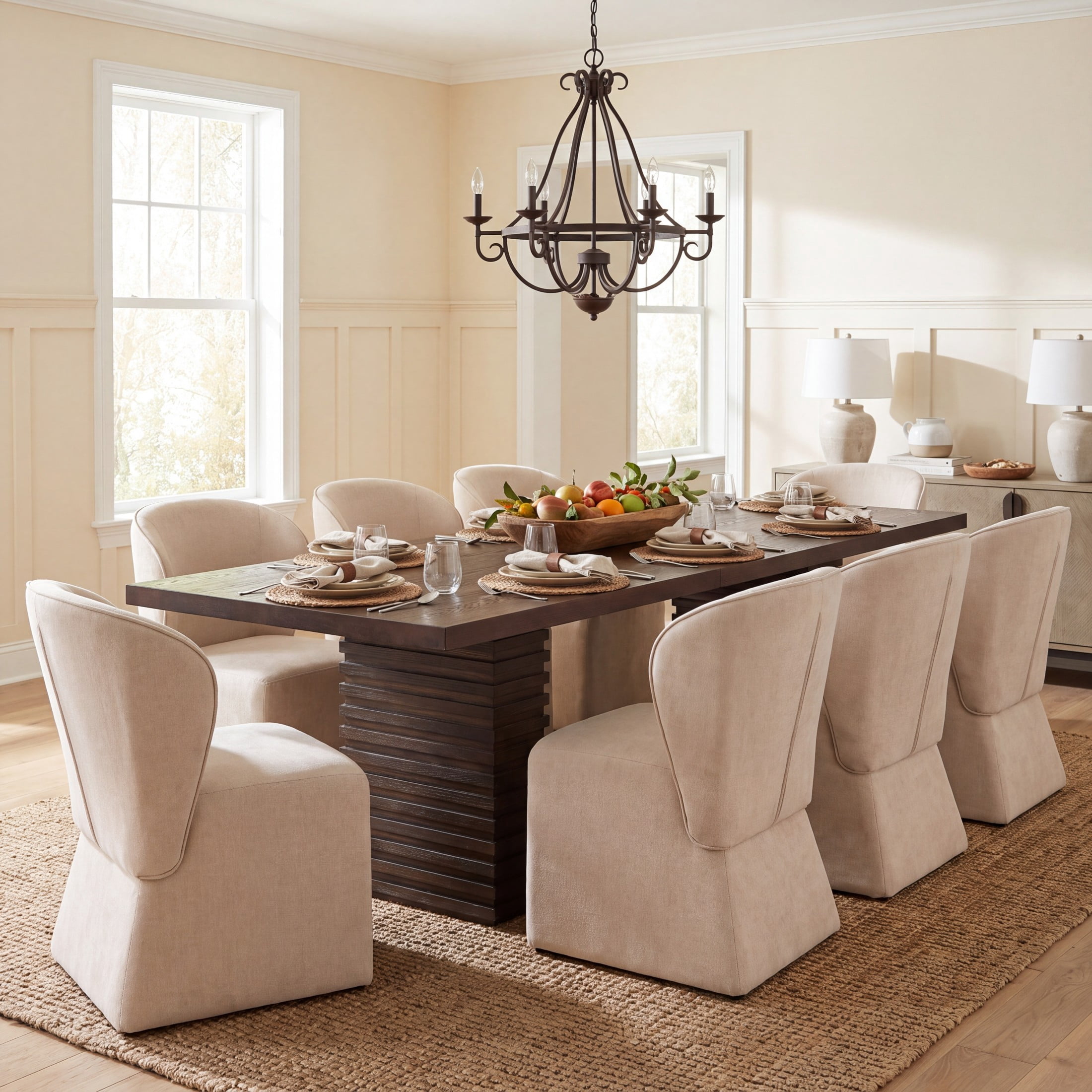 Christopher Knight Home 9-Piece Modern Dining Set, 95" Wood Table with Upholstered Chairs, Espresso+Beige