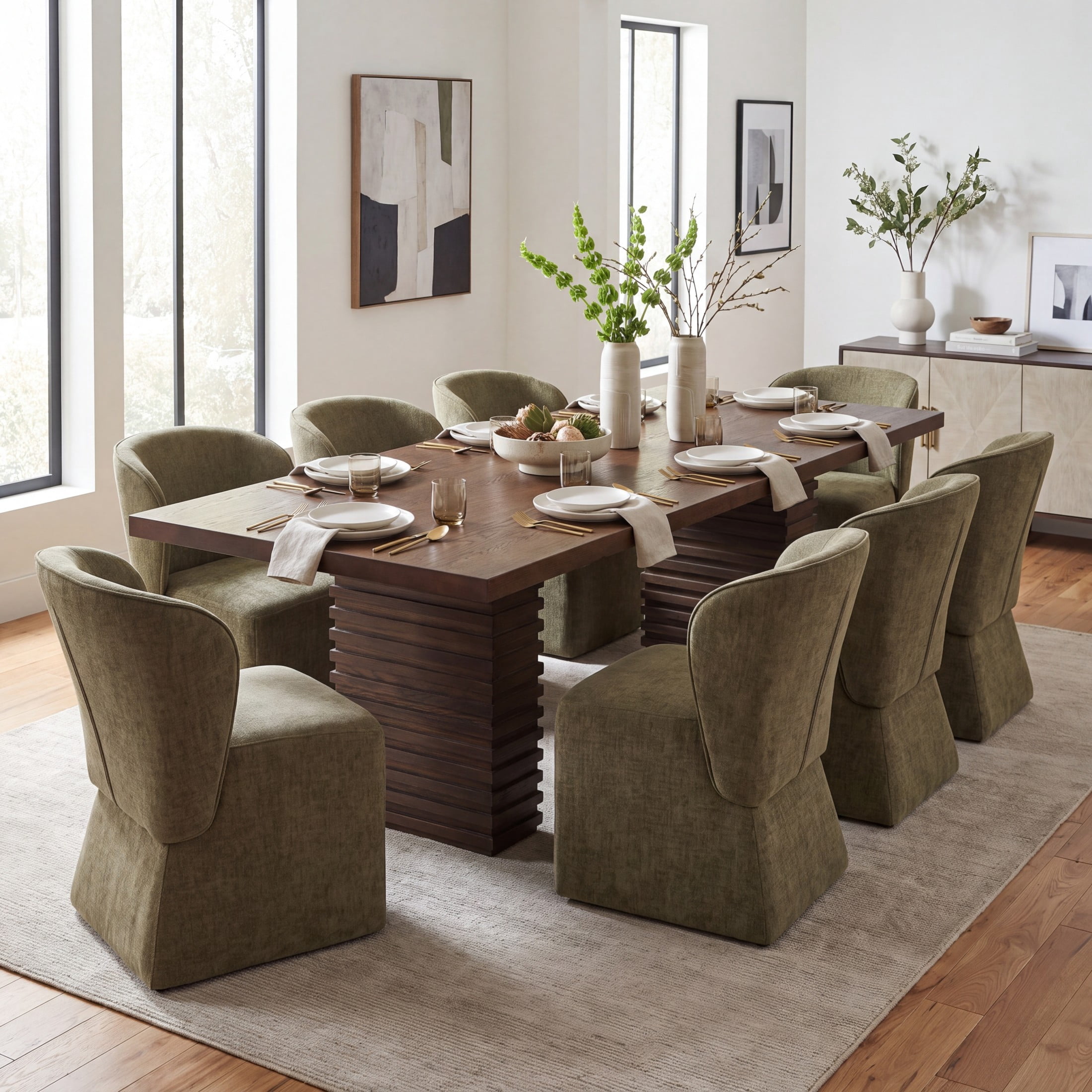 Christopher Knight Home 9-Piece Modern Dining Set, 95" Wood Table with Upholstered Chairs, Espresso+Olive Green