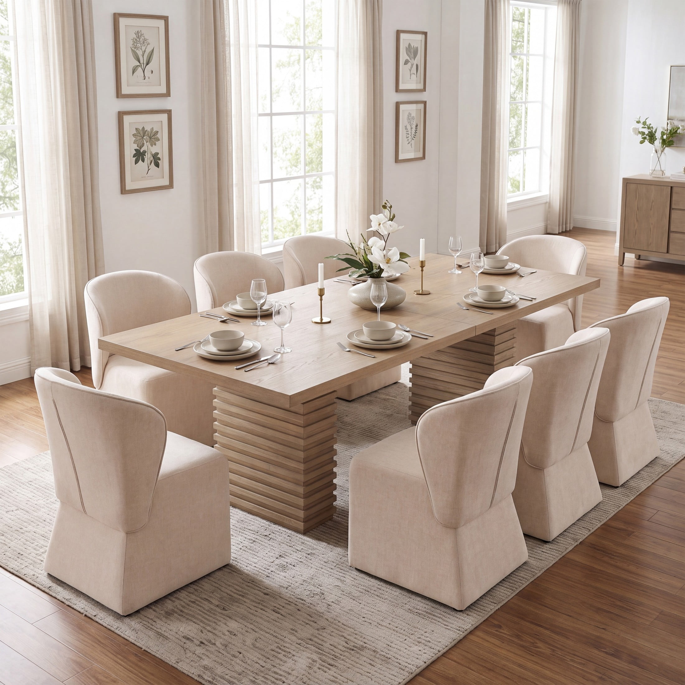Christopher Knight Home 9-Piece Modern Dining Set, 95" Wood Table with Upholstered Chairs, Light Ash+Beige