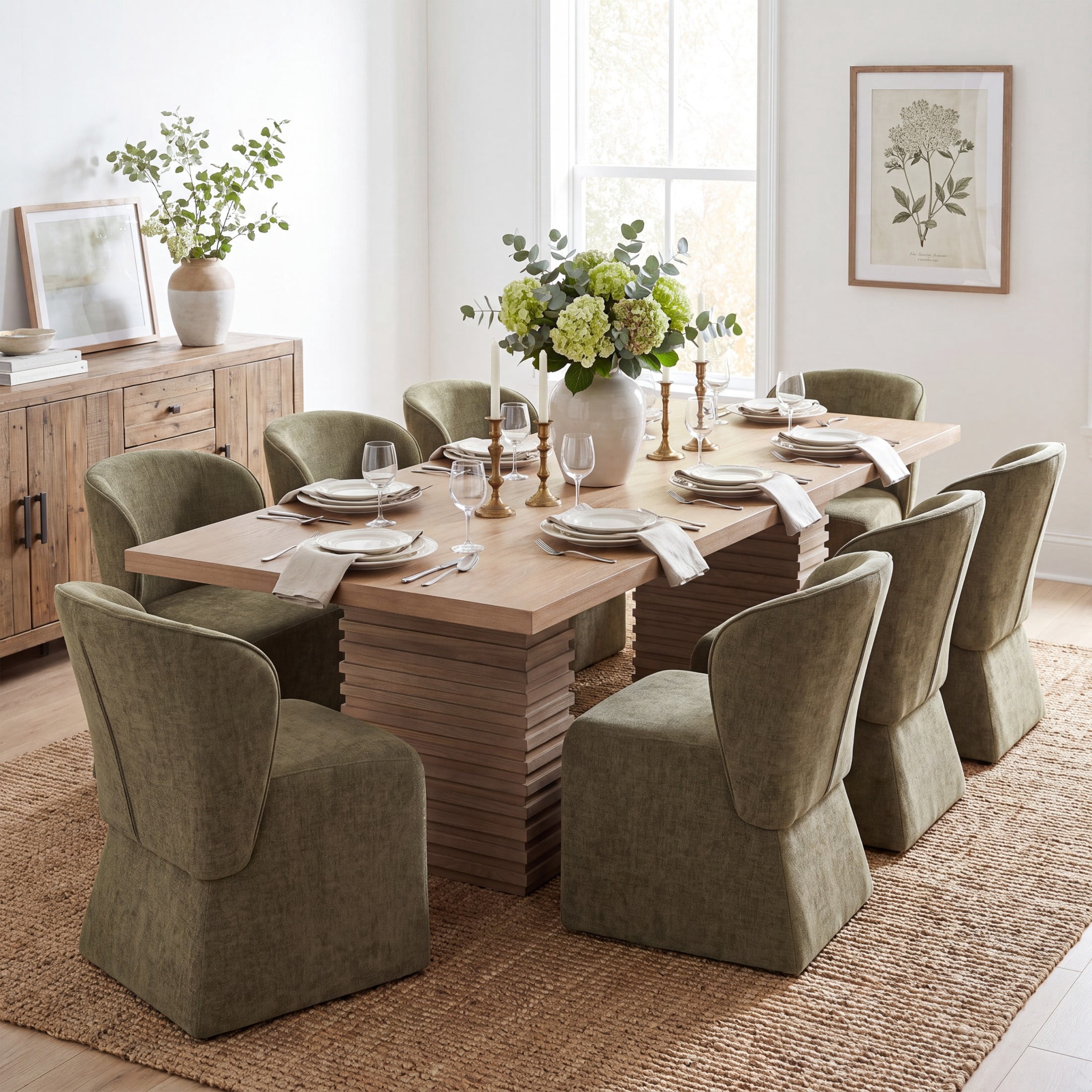 Christopher Knight Home 9-Piece Modern Dining Set, 95" Wood Table with Upholstered Chairs, Light Ash+Olive Green