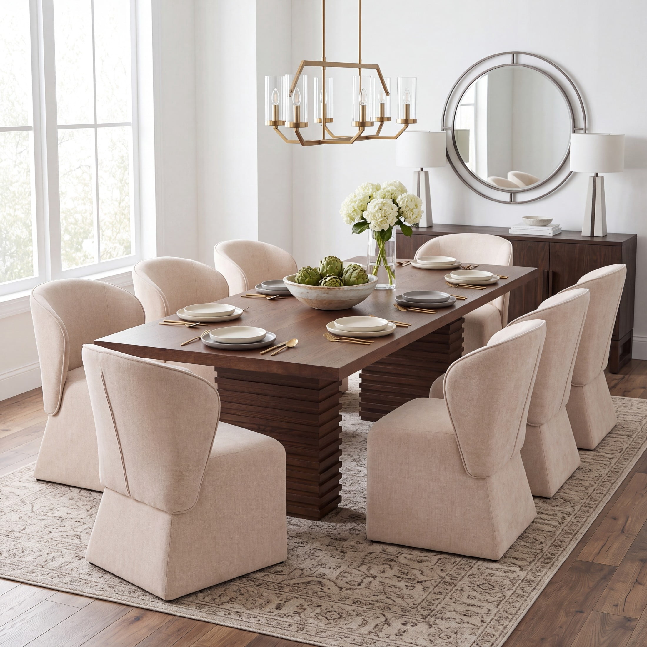 Christopher Knight Home 9-Piece Modern Dining Set, 95" Wood Table with Upholstered Chairs, Walnut+Beige