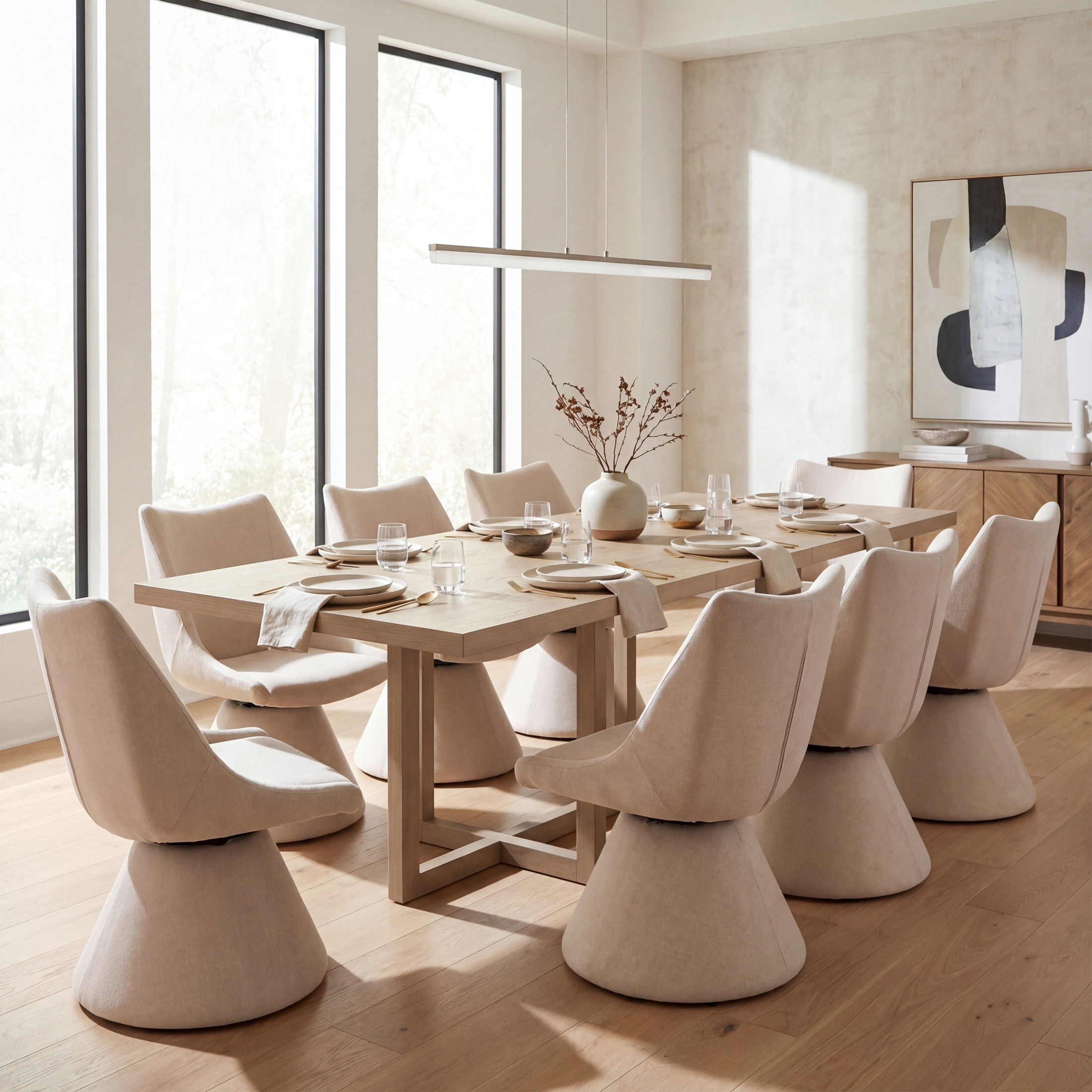 Christopher Knight Home 9-Piece Modern Dining Set, Table with Upholstered 180° Swivel Chairs, Light Ash+Beige