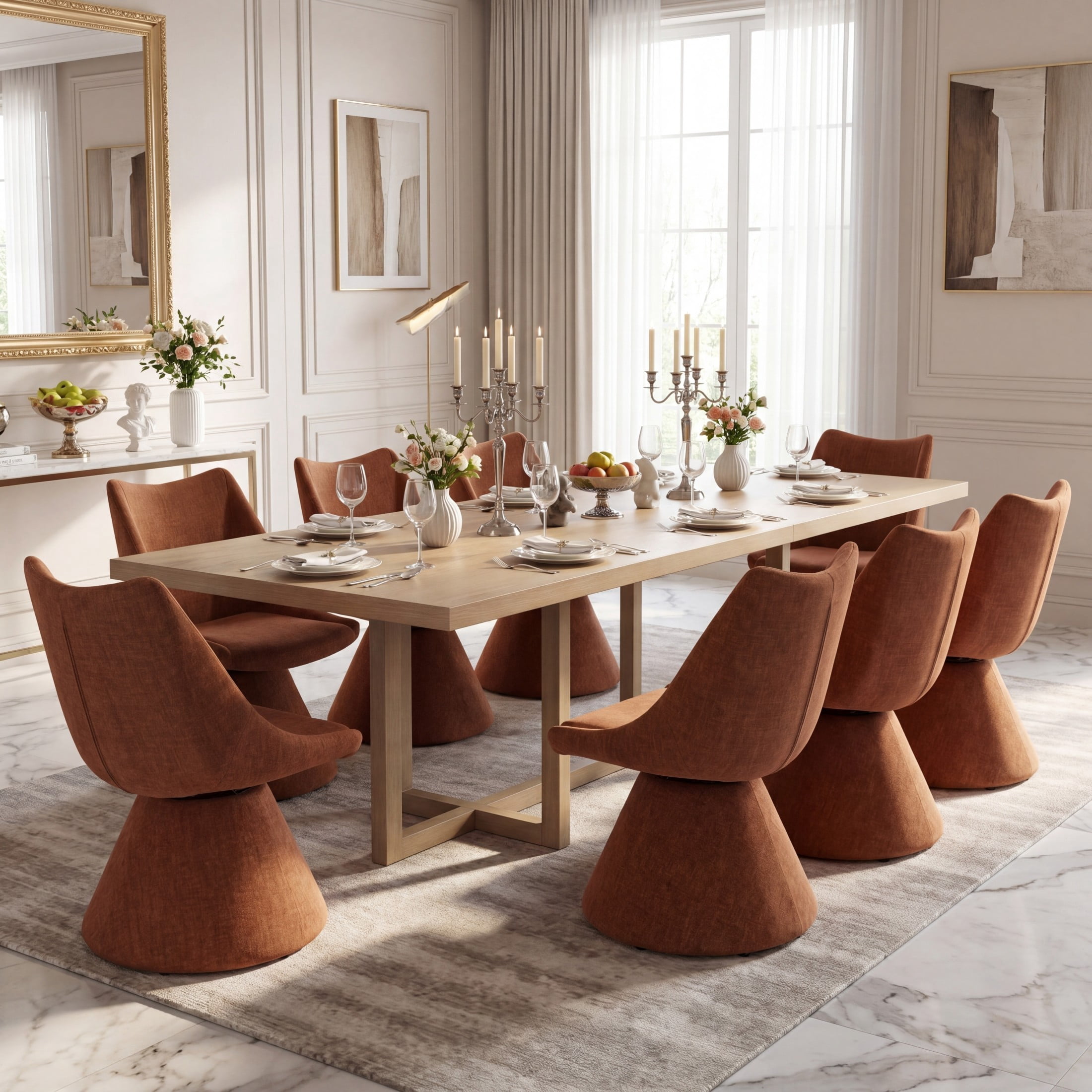 Christopher Knight Home 9-Piece Modern Dining Set, Table with Upholstered 180° Swivel Chairs, Light Ash+Brown