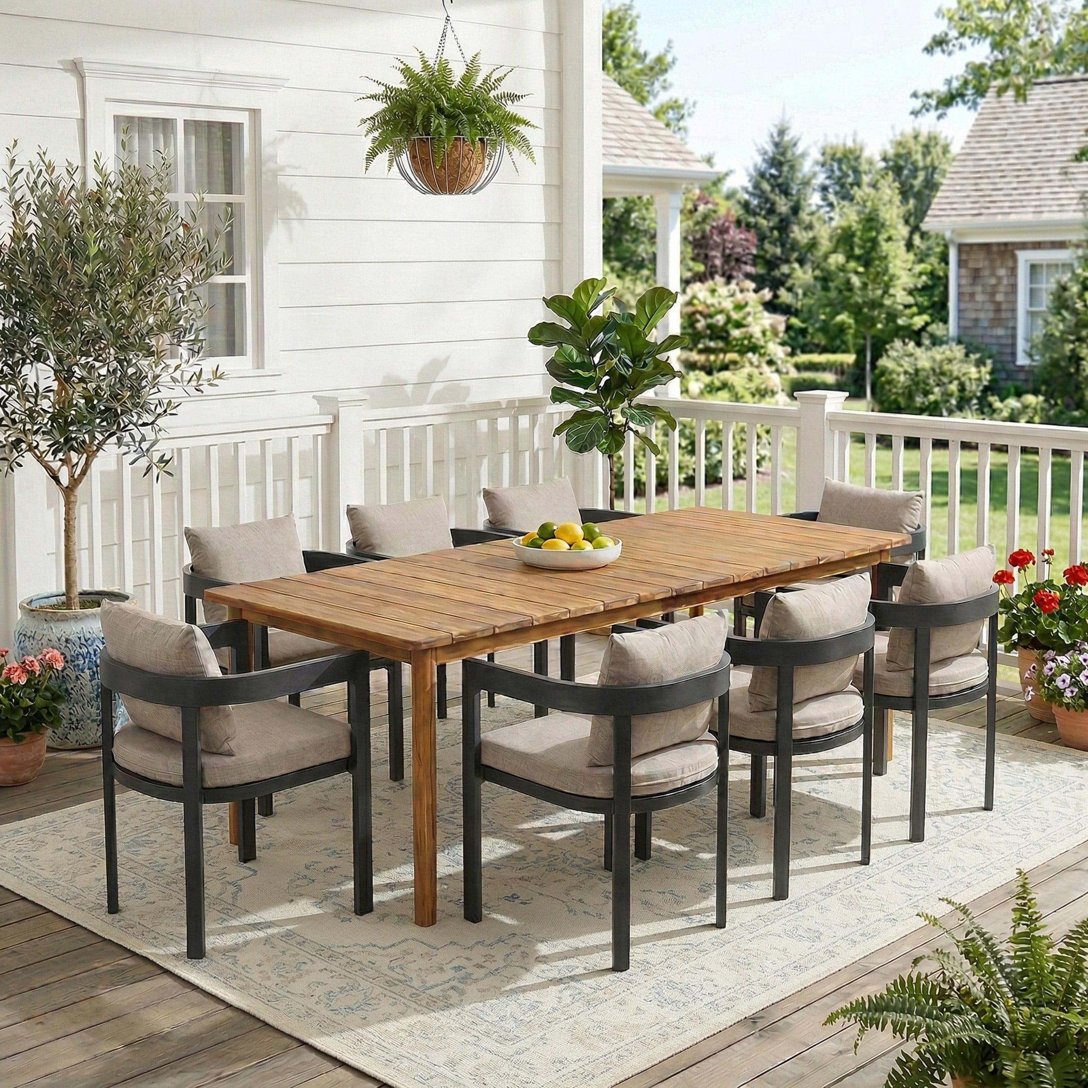 Christopher Knight Home 9-Piece Modern Outdoor Dining Set, Wood Table and Aluminum Chairs, Beige Cushion