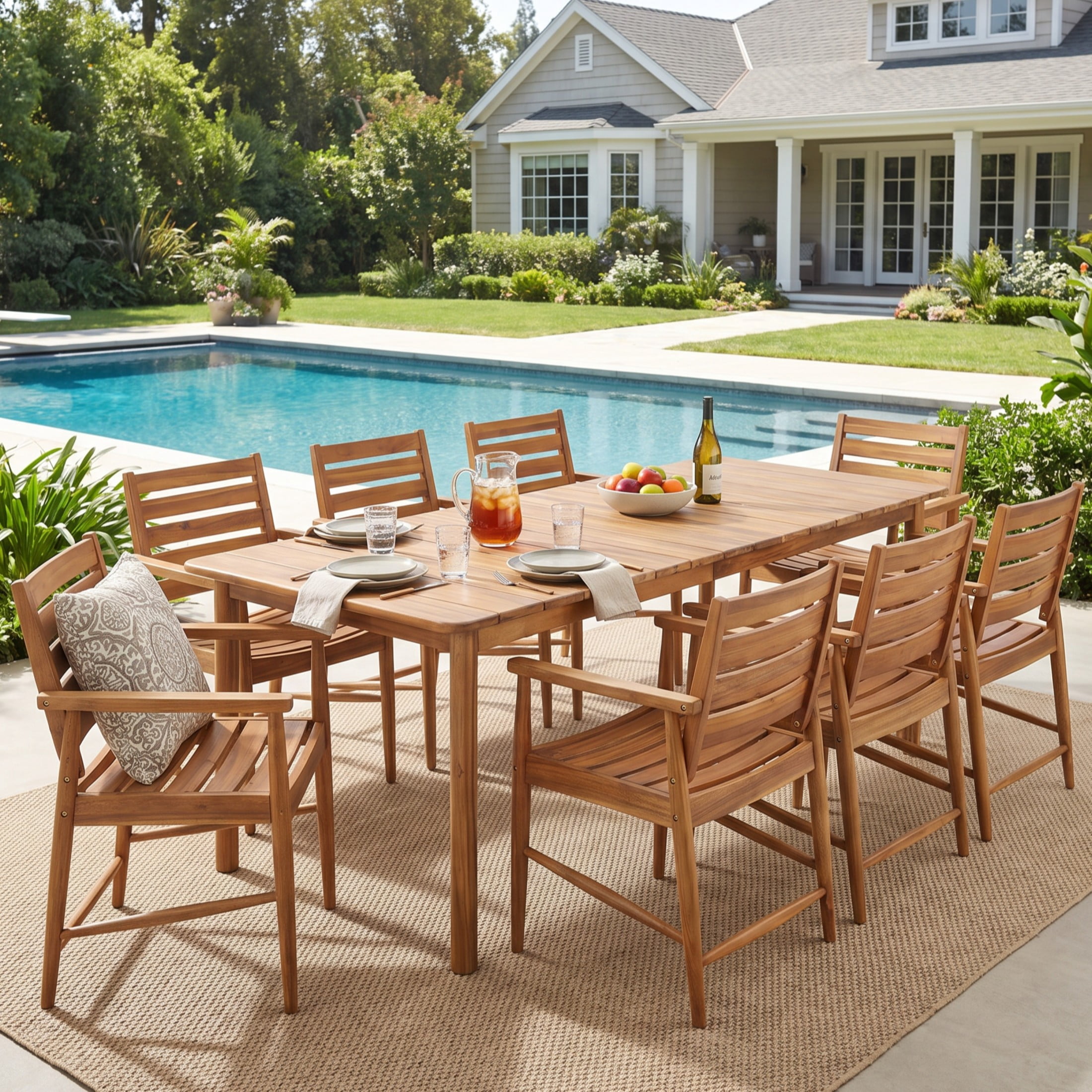 Christopher Knight Home 9-Piece Outdoor Acacia Wood Dining Set, 79" Table with Rustic Chairs, Teak