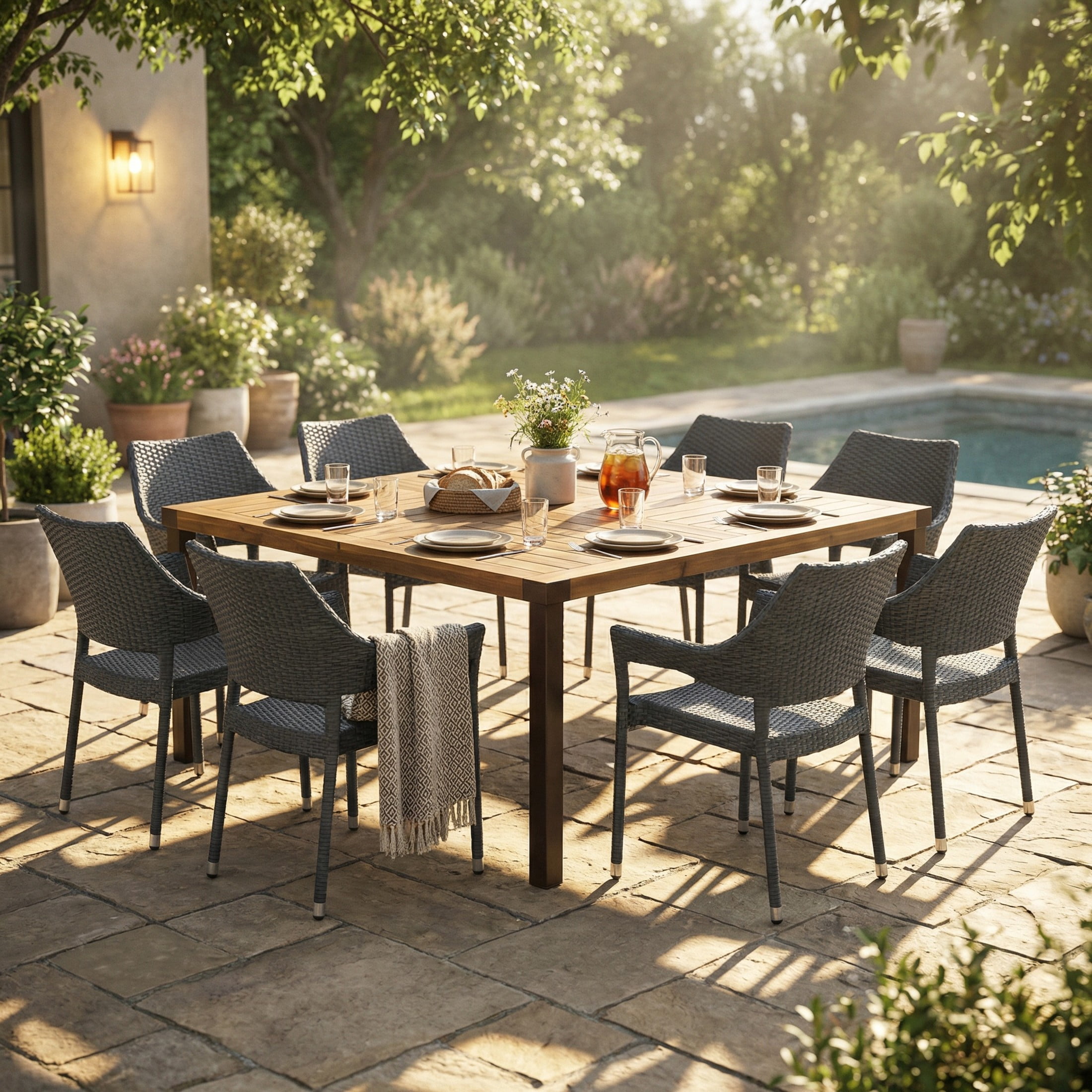Christopher Knight Home 9-Piece Outdoor Dining Set, 64" Square Table with Stacking Wicker Chairs, Gray