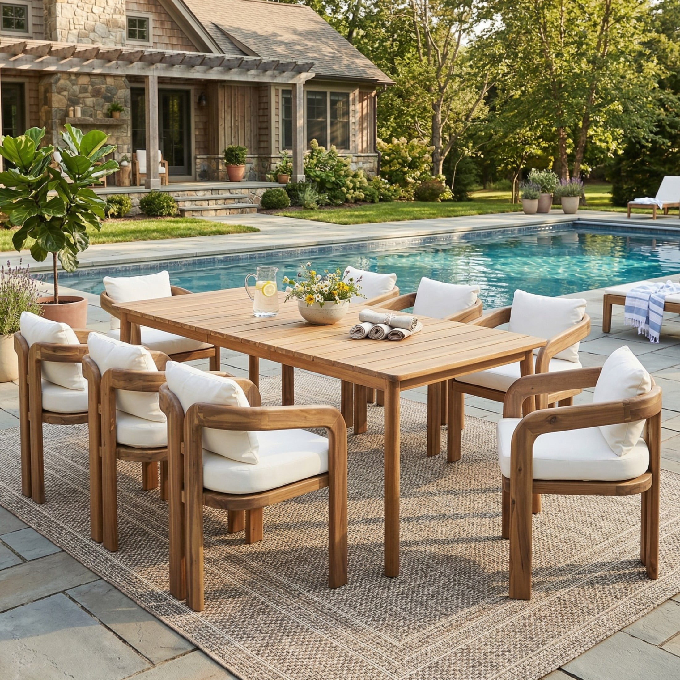 Christopher Knight Home 9-Piece Outdoor Dining Set, 79" Table and Chairs with Cream Cushion, Teak Finish