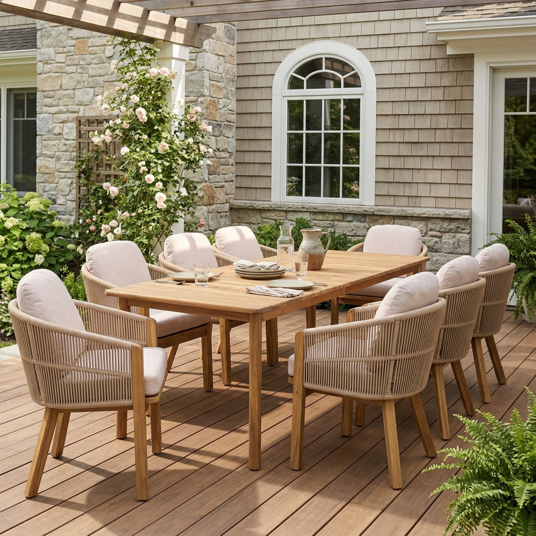 Christopher Knight Home 9-Piece Outdoor Dining Set, 79" Table and Rope Chairs with Beige Cushion, Teak Finish