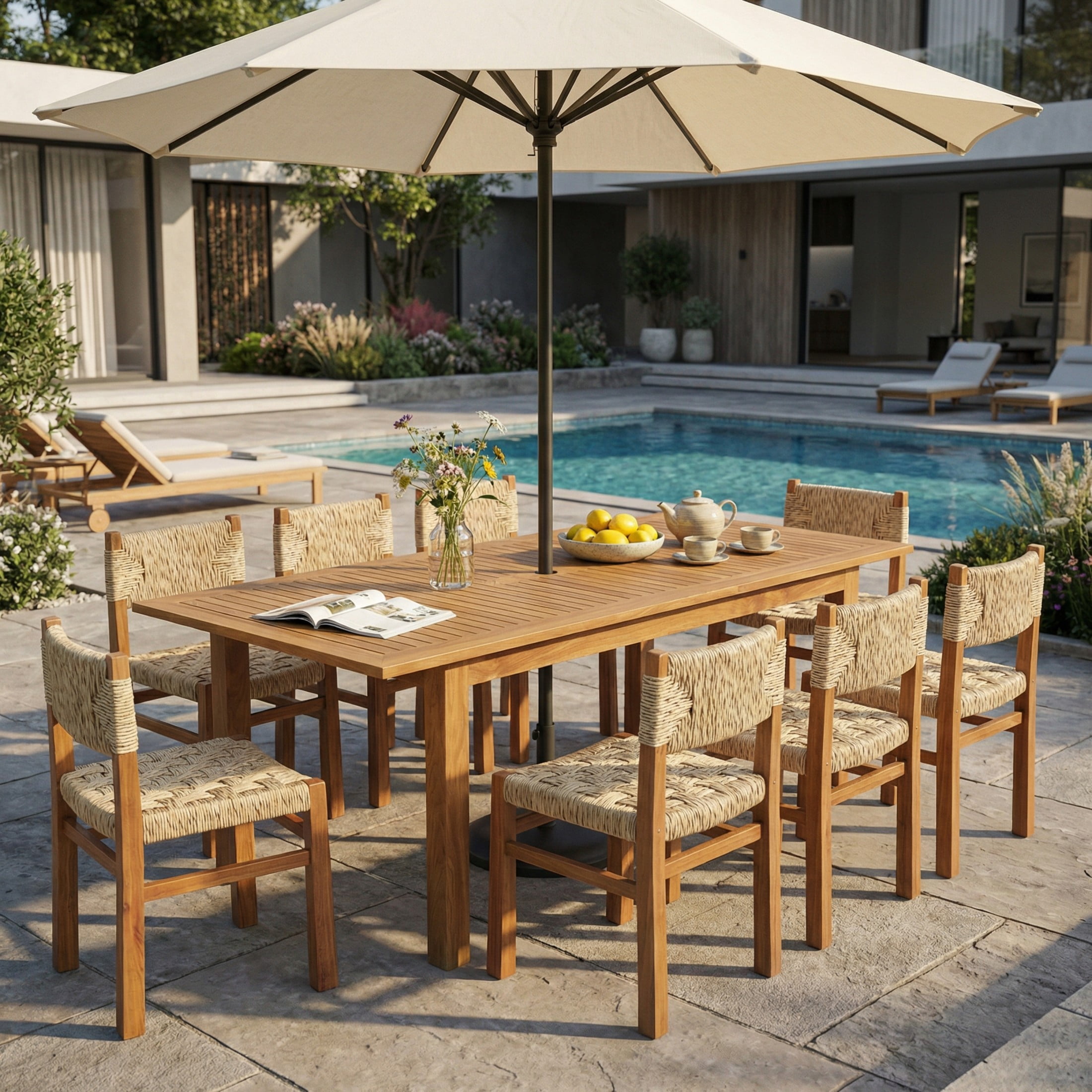 Christopher Knight Home 9-Piece Outdoor Wood Dining Set, Natural Expandable Table and Light Gray Wicker Chairs