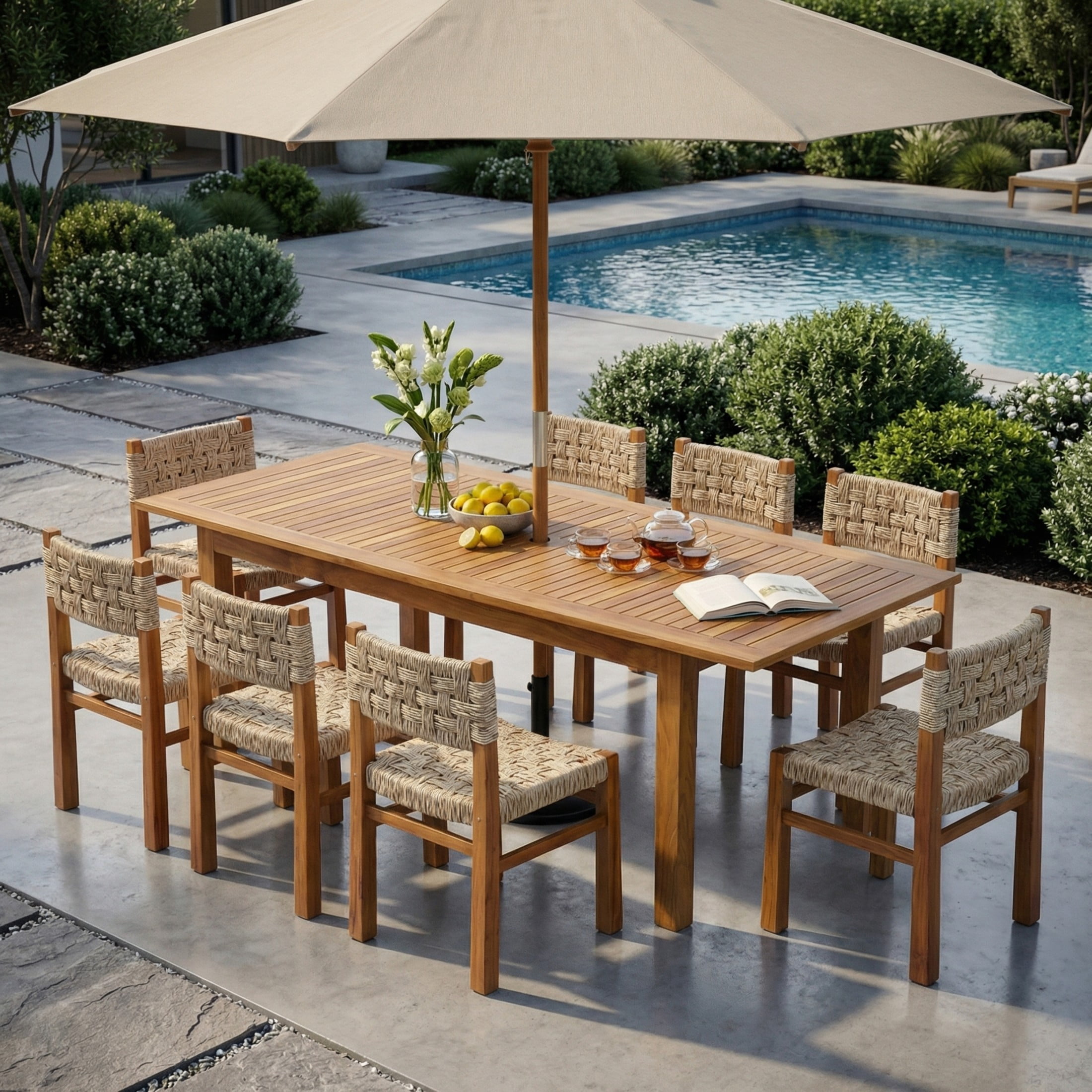 Christopher Knight Home 9-Piece Outdoor Wood Dining Set, Natural Expandable Table and Light Gray Wicker Chairs