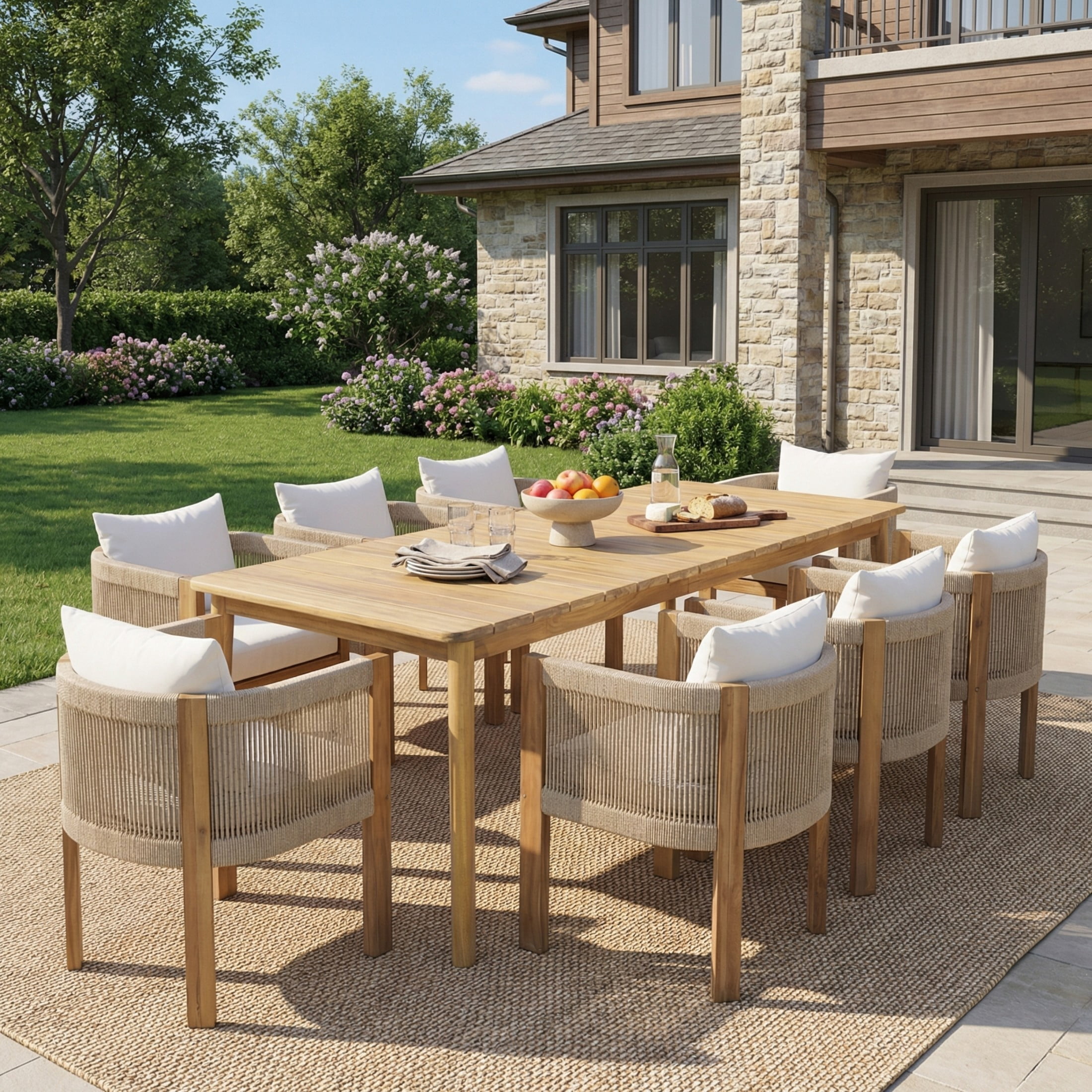 Christopher Knight Home 9-Piece Outdoor Wooden Dining Set, 79" Table with Rope Chairs, Beige Cushion