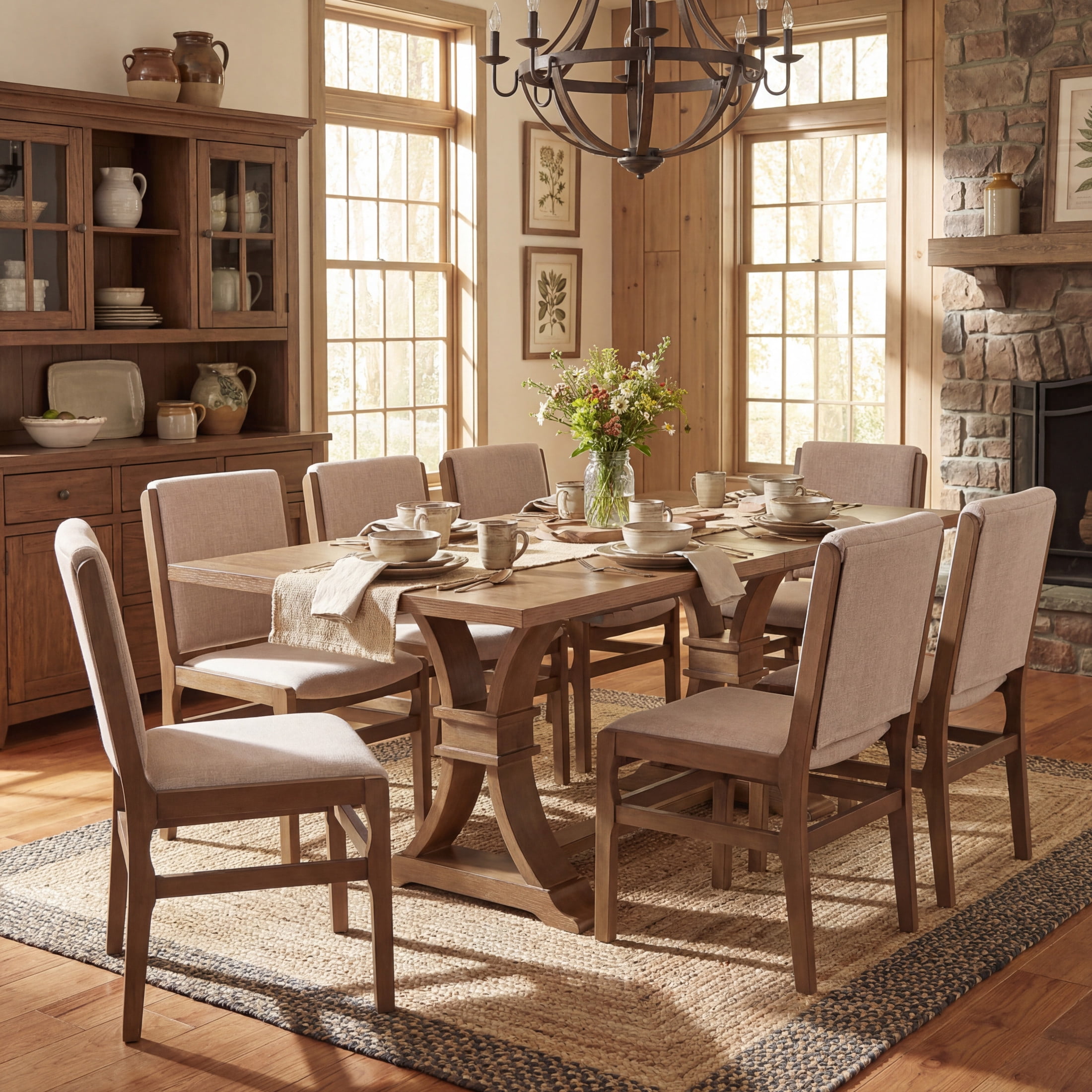 Christopher Knight Home 9-Piece Rustic Extendable Dining Table with Upholstered Chairs, Walnut