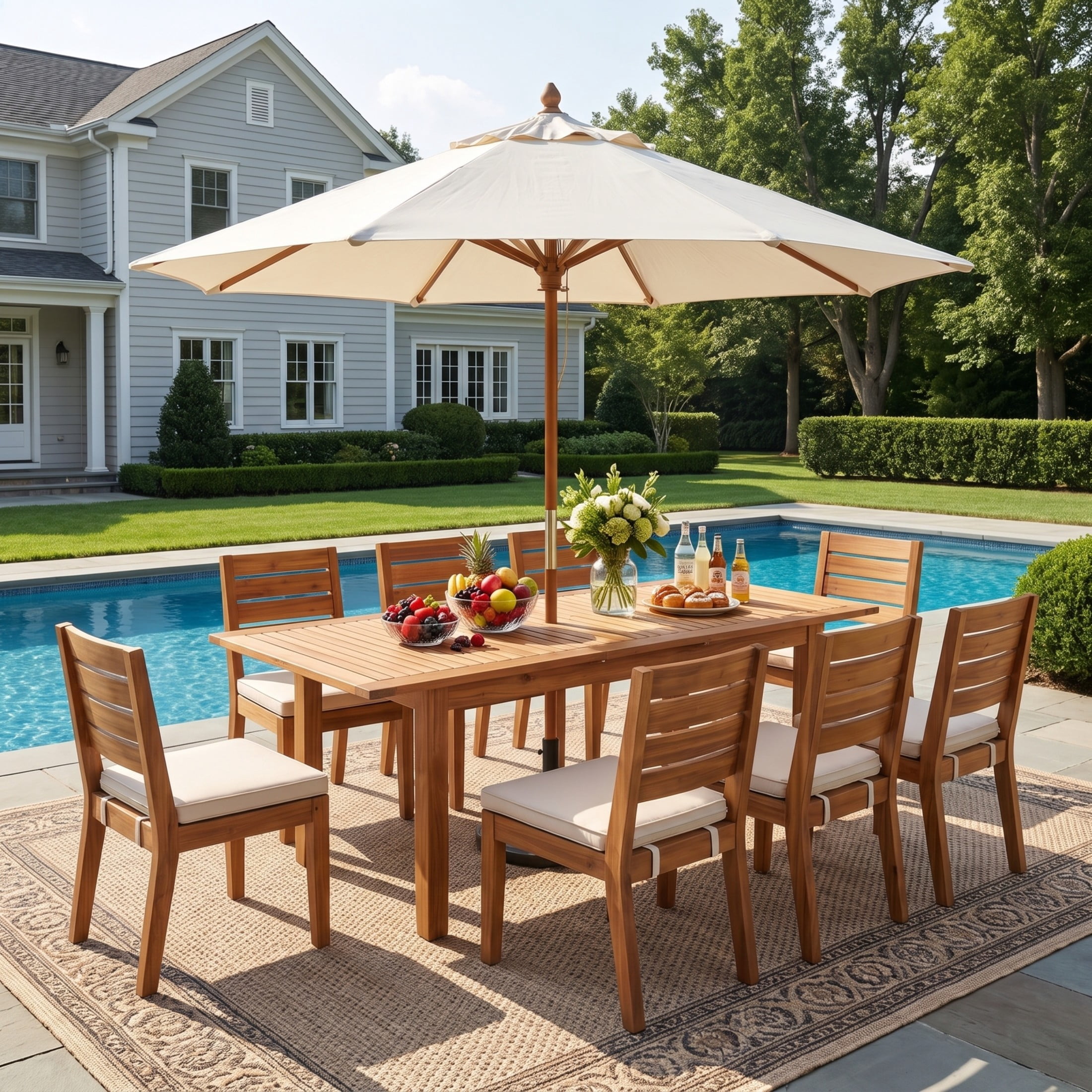 Christopher Knight Home 9-Piece Wood Outdoor Dining Set, Expandable Table and Cushioned Chairs, Natural+Beige