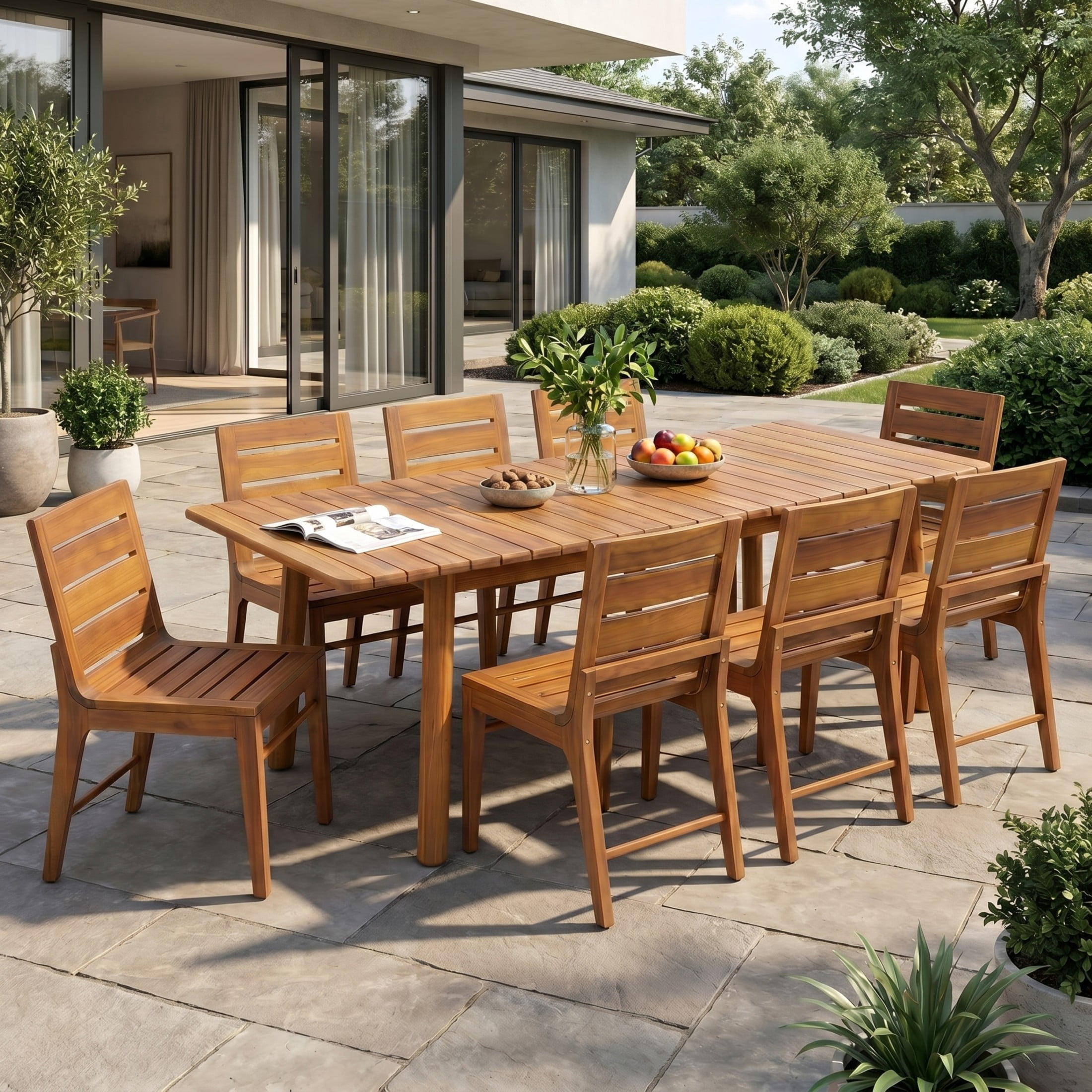 Christopher Knight Home 9-Piece Wood Outdoor Dining Set, Extendable Table with Slatted Armless Chairs, Teak
