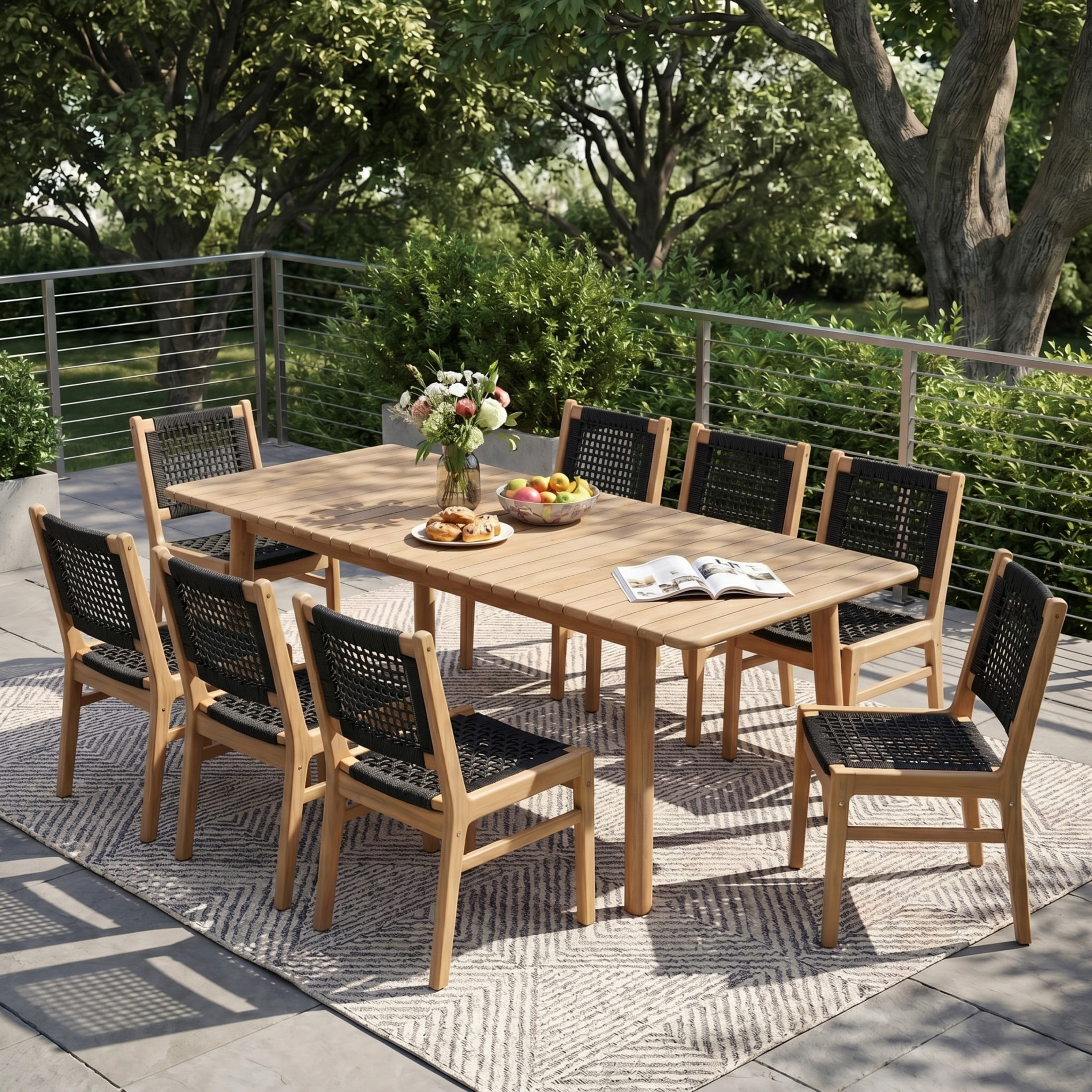 Christopher Knight Home 9-Piece Wood Outdoor Dining Set, Extendable Table with Wicker Chairs, Black