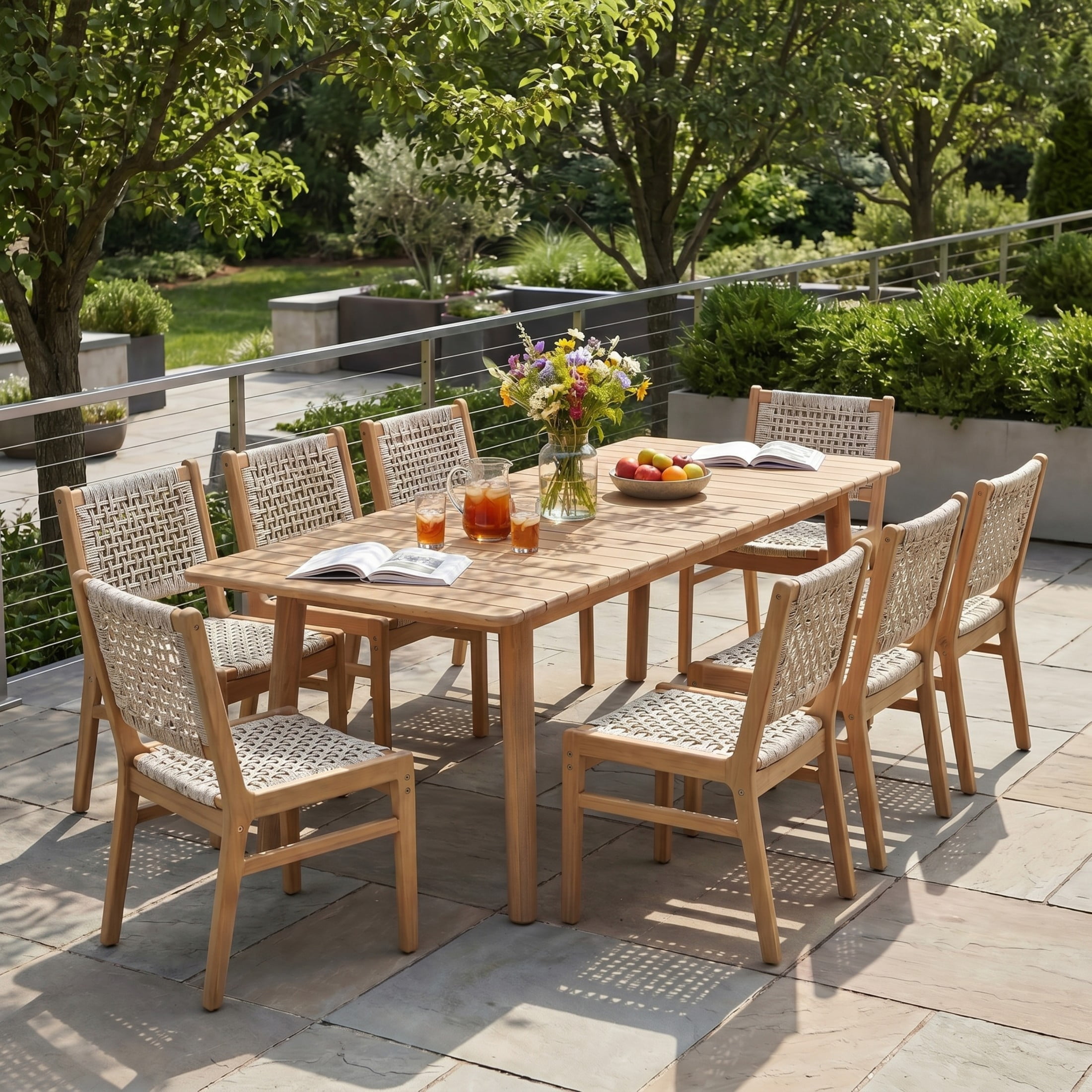 Christopher Knight Home 9-Piece Wood Outdoor Dining Set, Extendable Table with Wicker Chairs, Light Gray