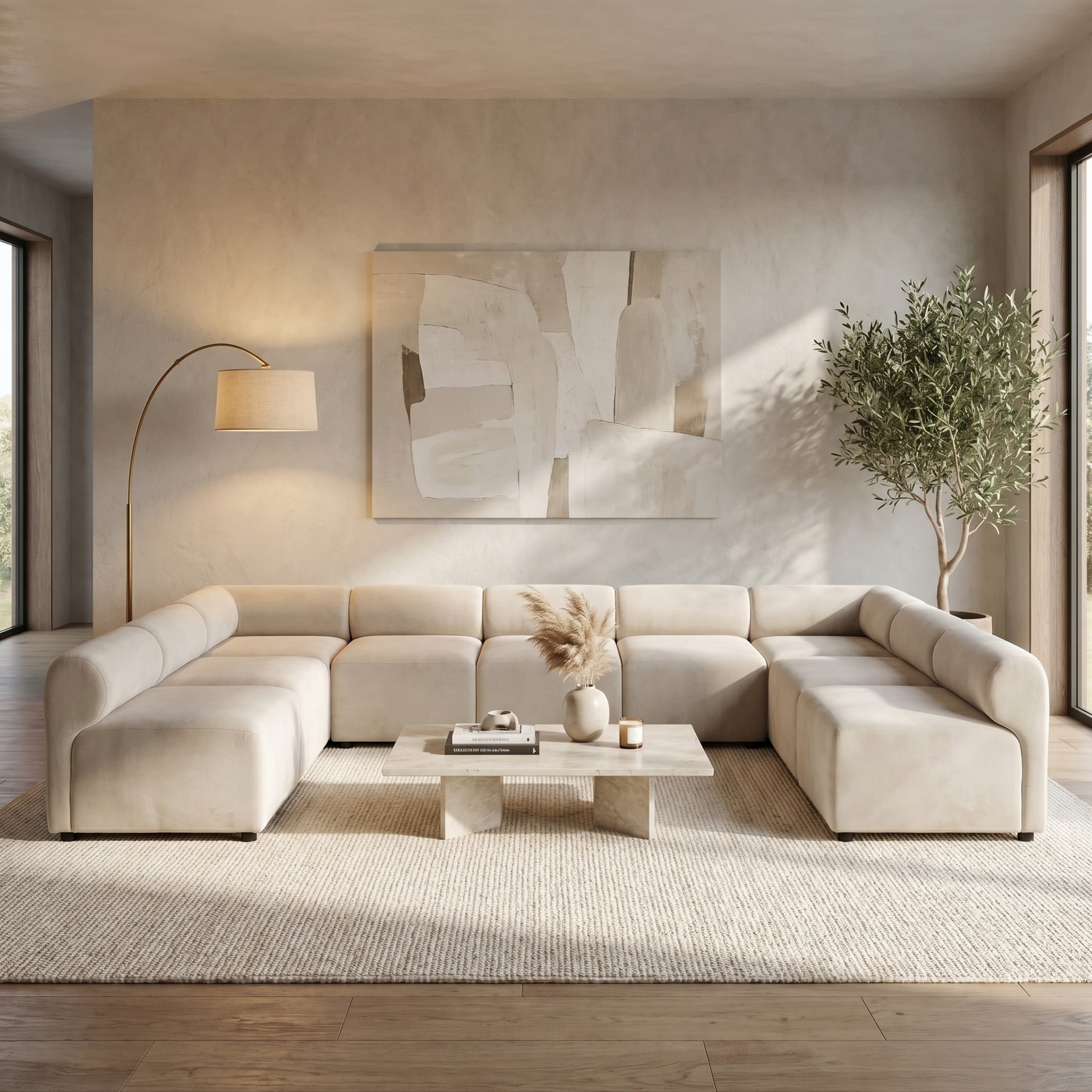 Christopher Knight Home 9-Seat Modular Sectional Sofa, Round-Back Armless & Corner Chairs with Deep Cushions, Beige