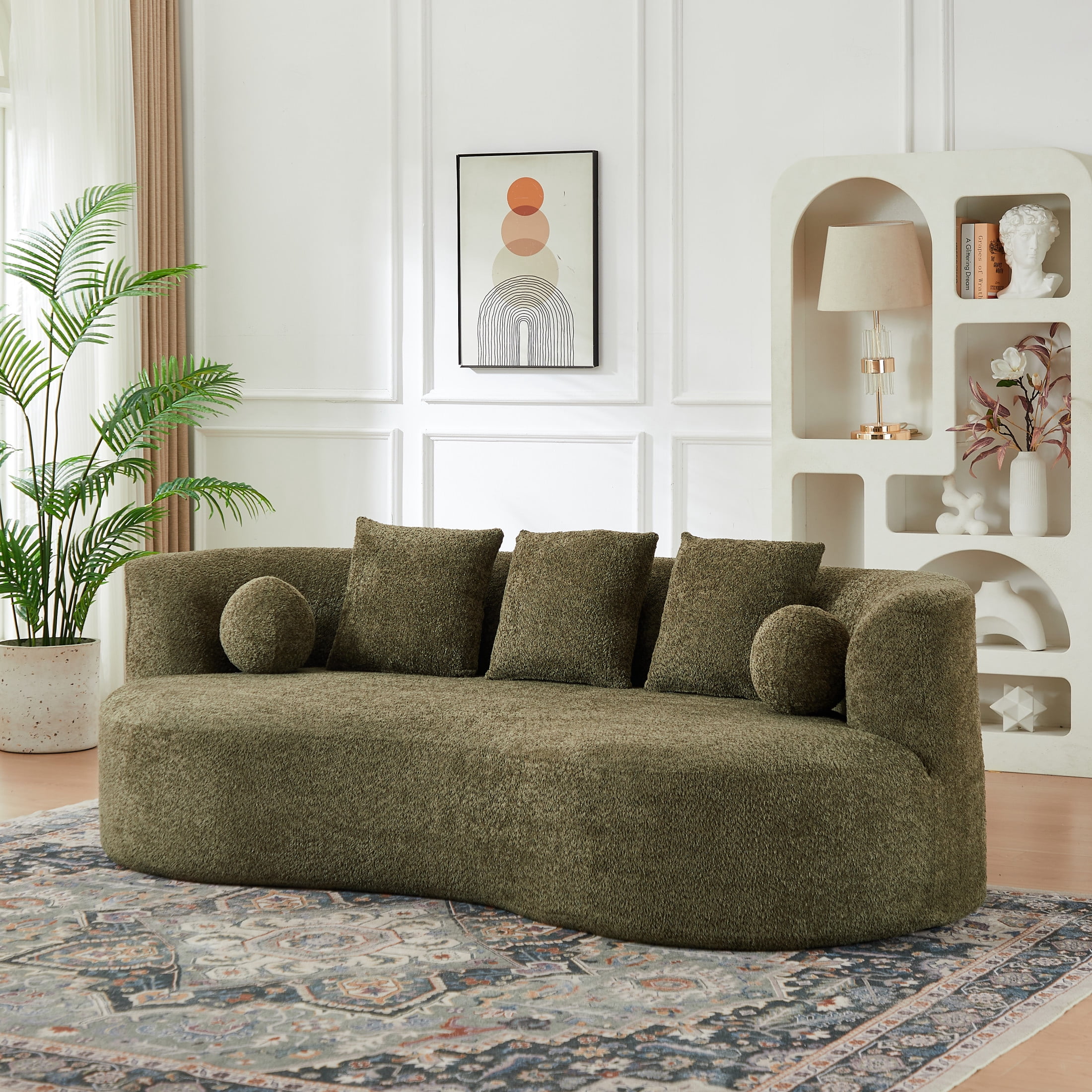 Christopher Knight Home 90" Curved Boucle Sofa with Pillows, Modern 3-Seat Upholstered Couch, Forest Green