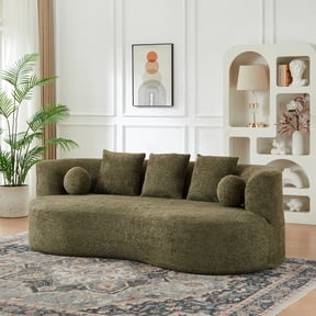 Christopher Knight Home 90" Curved Boucle Sofa with Pillows, Modern 3-Seat Upholstered Couch, Forest Green