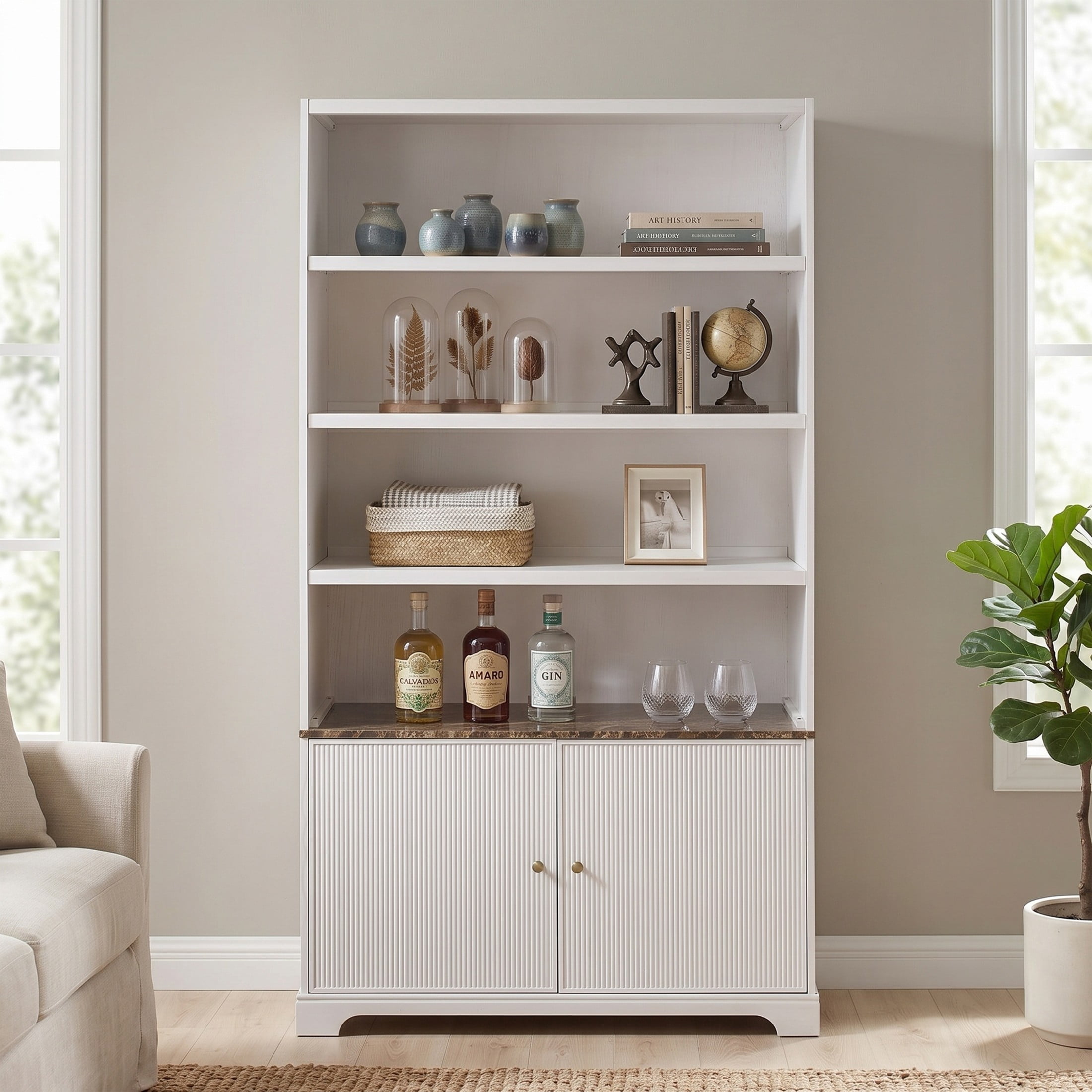 Christopher Knight Home 91" Bookcase Storage Cabinet with Display Shelves and Fluted Doors, White