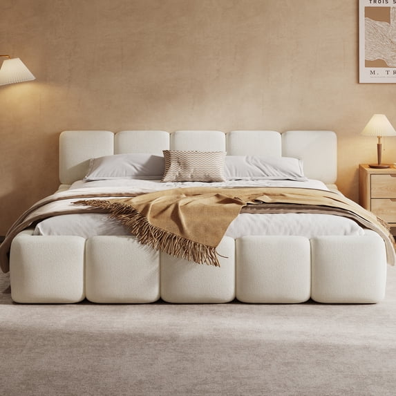 Christopher Knight Home 92.5" California King Size Bed Frame, Thick Headboard Footboard, Block Style, White Boucle Upholstery