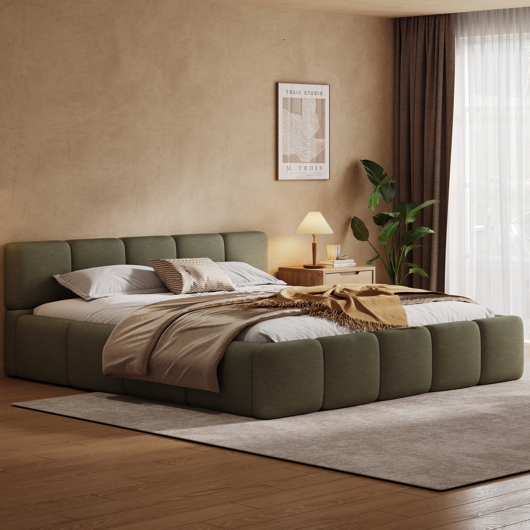 Christopher Knight Home 92" California King Size Bed Frame, Thick Headboard Footboard, Linen Blend Upholstery, Green