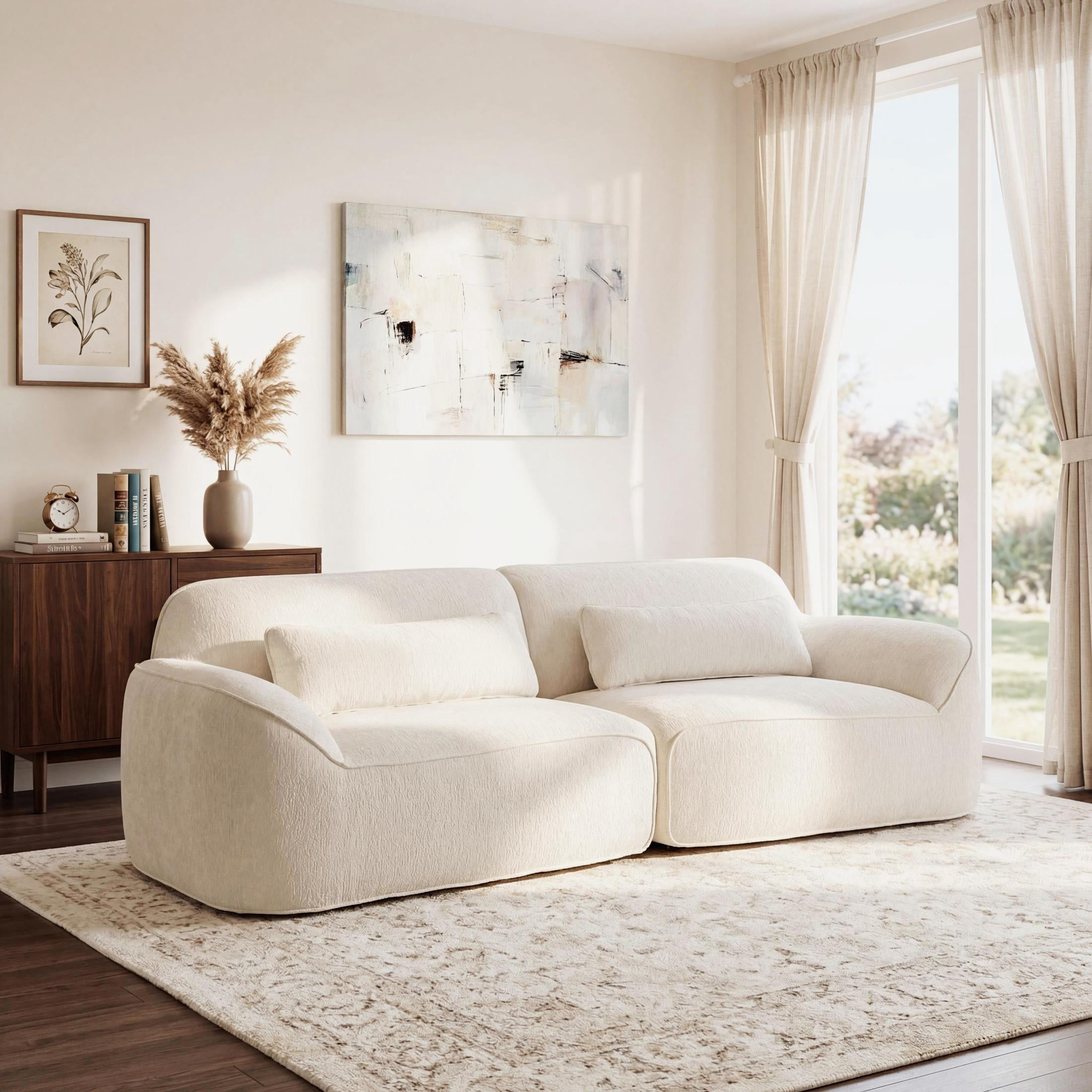 Christopher Knight Home 95" Modern Upholstered Curved Compressed Sectional Sofa with Pillows, Beige