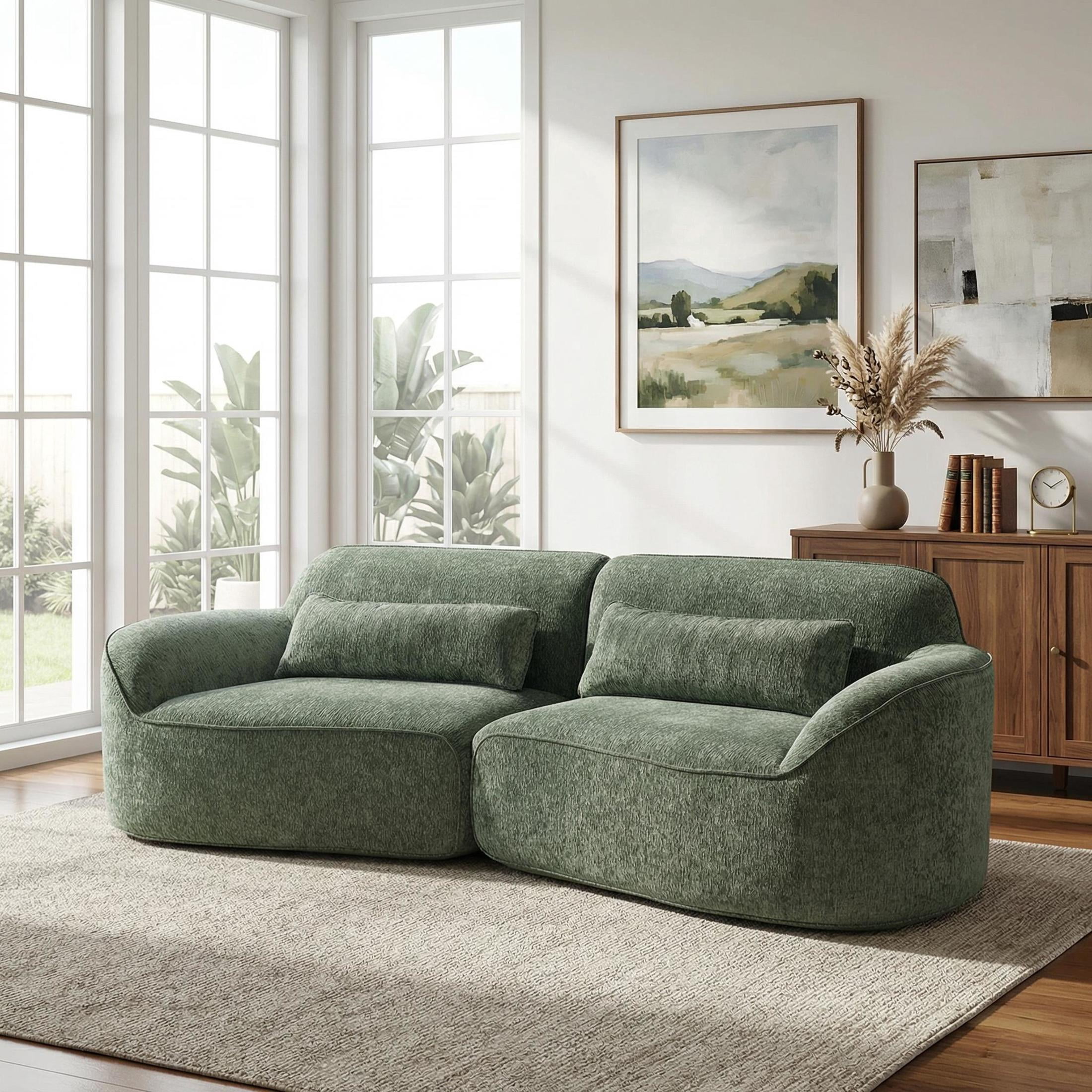 Christopher Knight Home 95" Modern Upholstered Curved Compressed Sectional Sofa with Pillows, Green