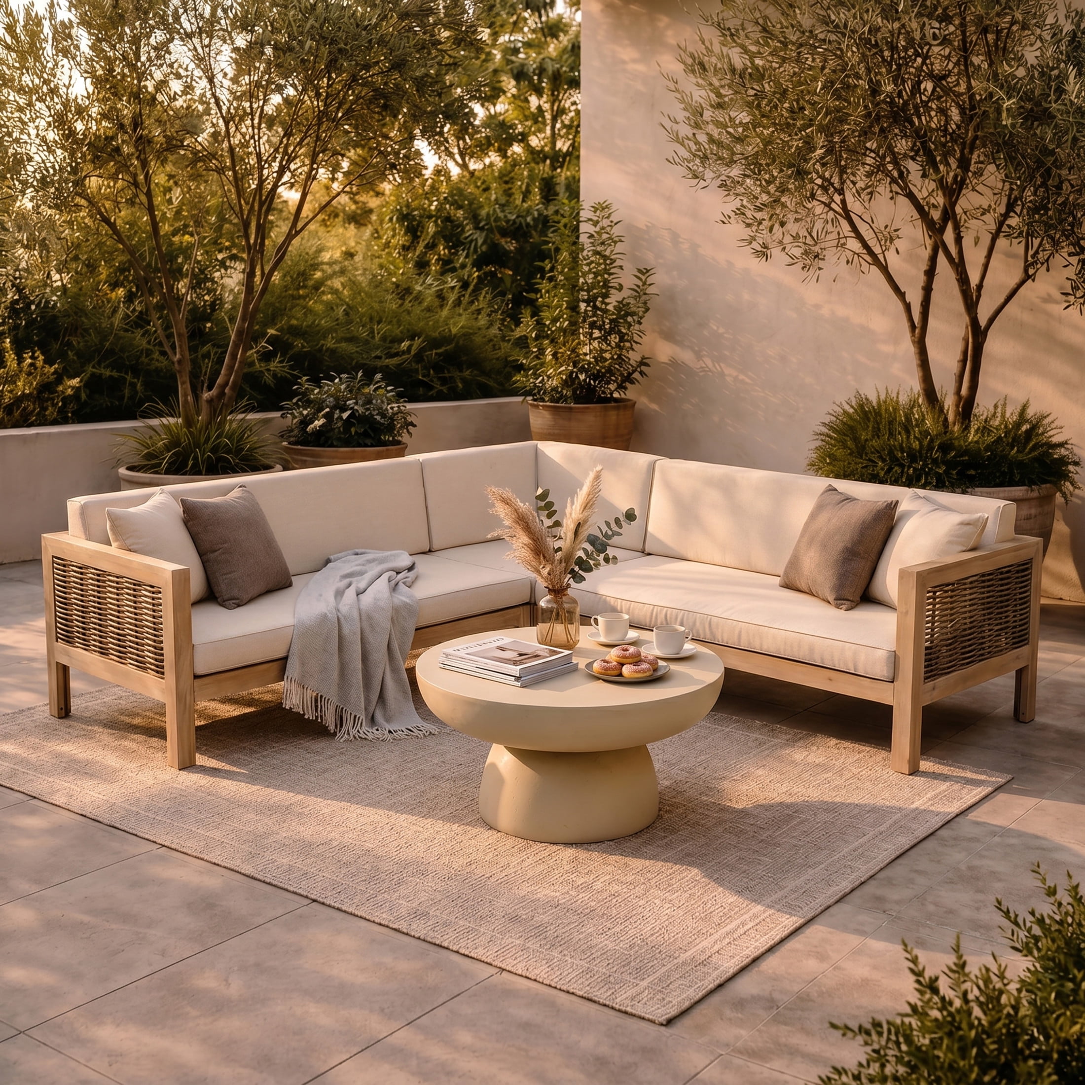 Christopher Knight Home Acacia Wood 5-Seater L Shaped Sectional Sofa Set, Wicker Accents, Sand+Light White